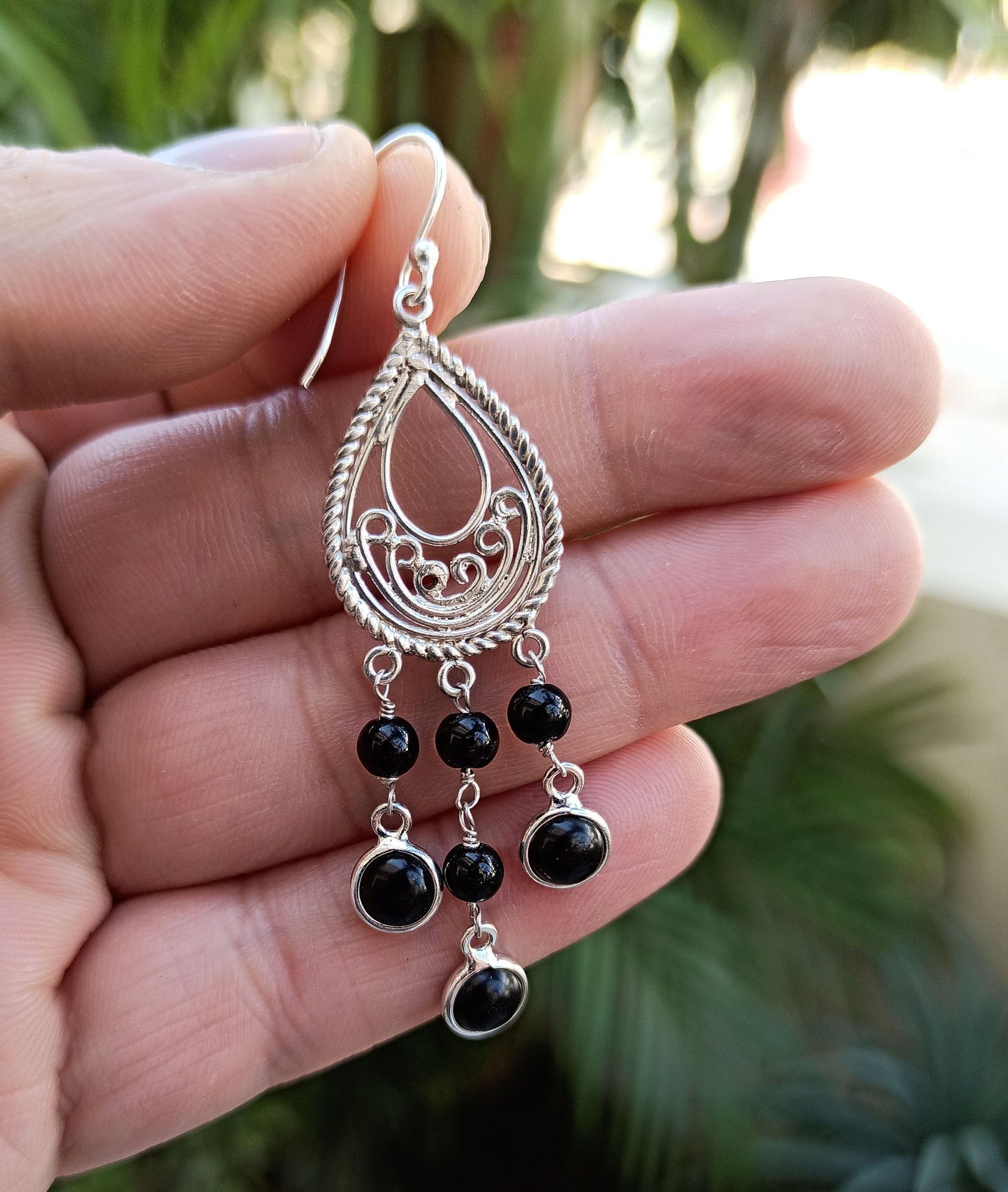 Black Onyx Earrings, 925 Sterling Silver Dangle Drop Earrings, Natural Black Onyx Round Handmade Boho Jewelry, Gift for Her, July Birthstone