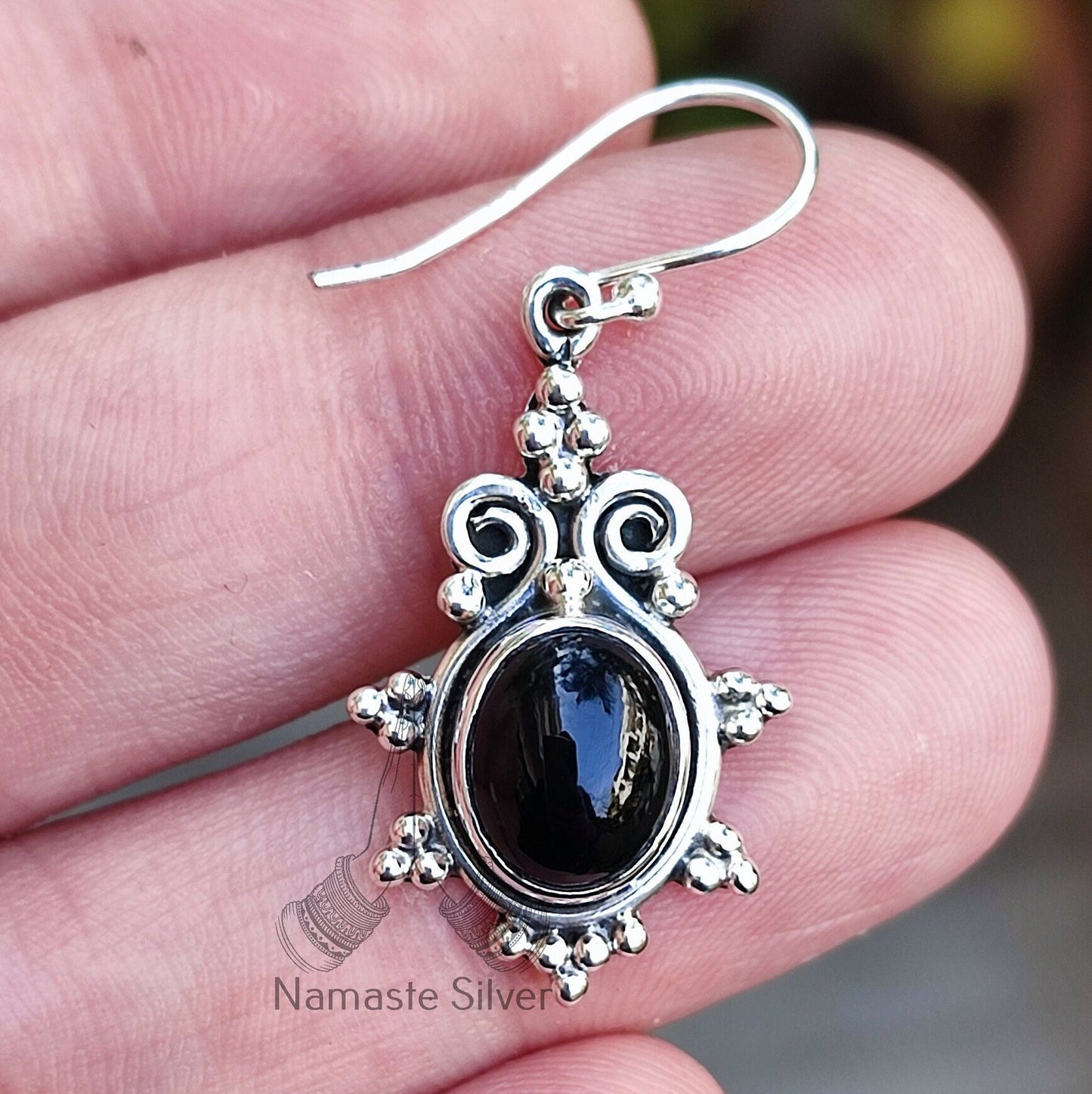 Black Onyx Earrings, 925 Sterling Silver Dangle Earrings, Natural Black Gemstone Oval Handmade Boho Jewelry, July Birthstone Gift for her