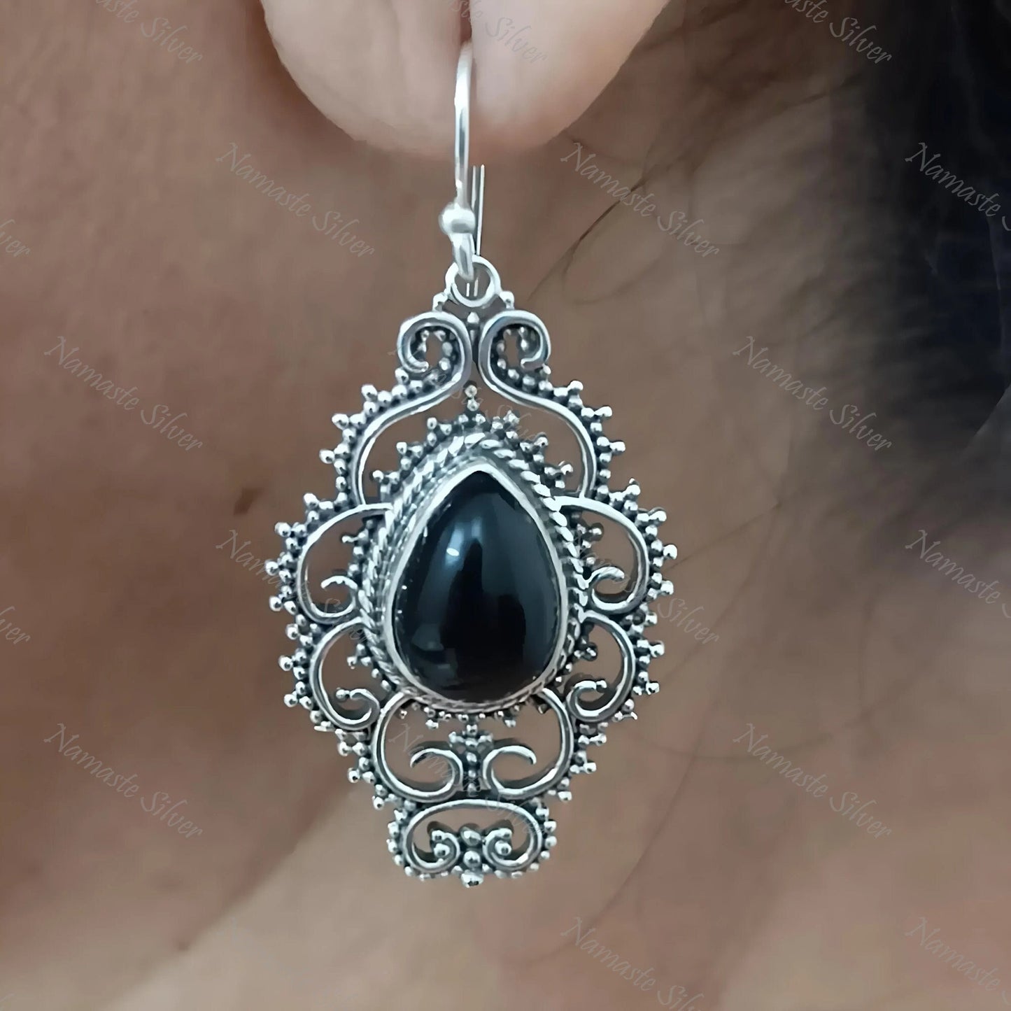 Black Onyx Earrings, 925 Sterling Silver Dangle Earrings, Natural Black Gemstone Pear Shape Handmade Jewelry, July Birthstone, Gift for Her