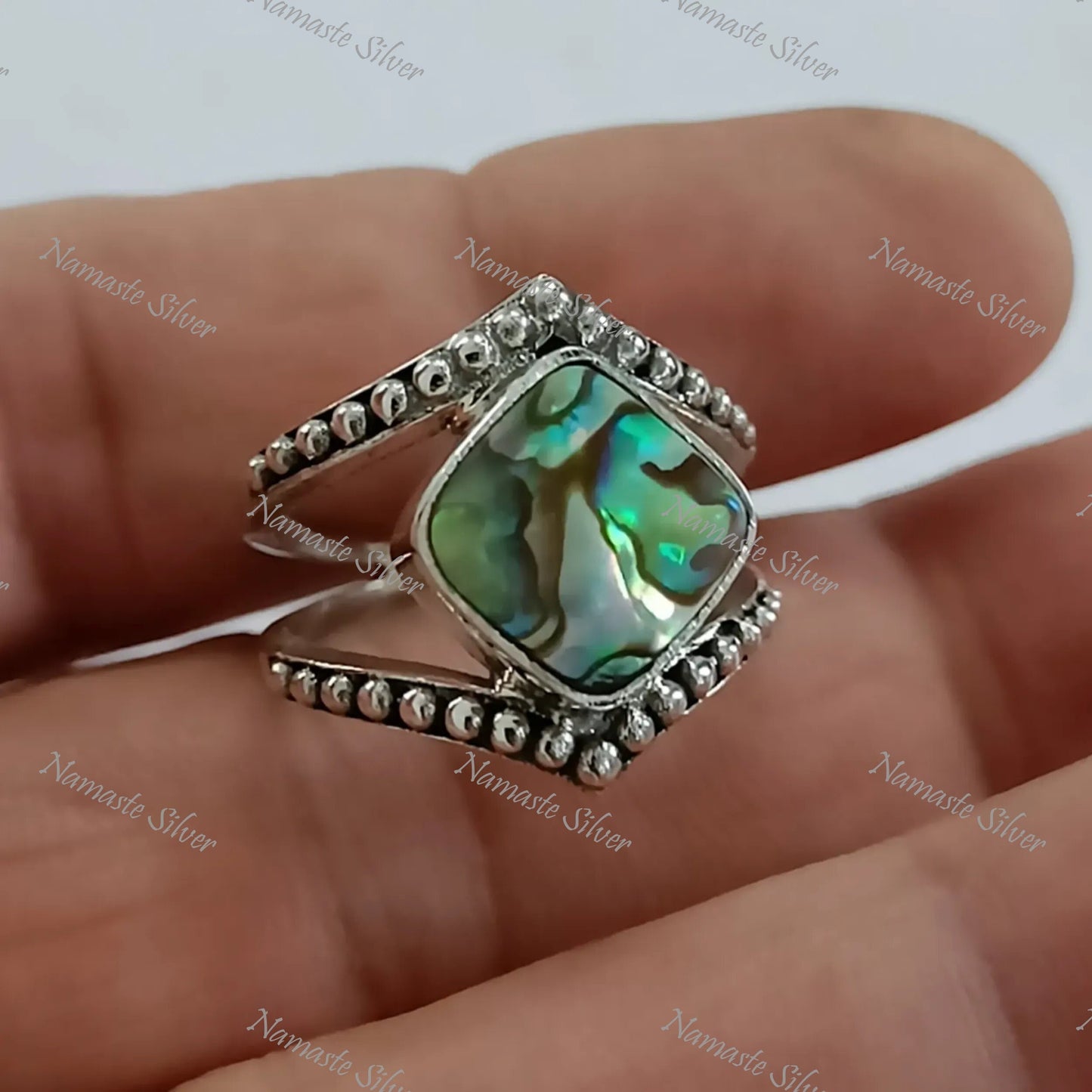 Abalone Shell Ring, Sterling Silver Statement Promise Ring, Natural Ocean Seashell Cushion Handmade Jewelry, Paua Shell Ring, Gift for her