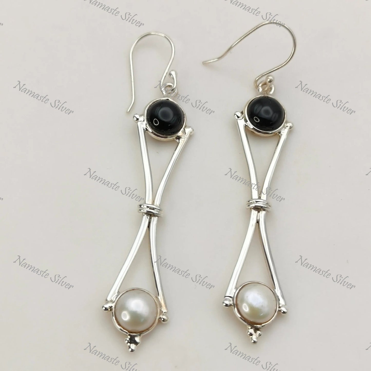 Black Onyx & Pearl Earrings, 925 Sterling Silver Dangle Drop Earrings, Natural Birthstone Handmade Freshwater Pearl Jewelry, Gift for Her
