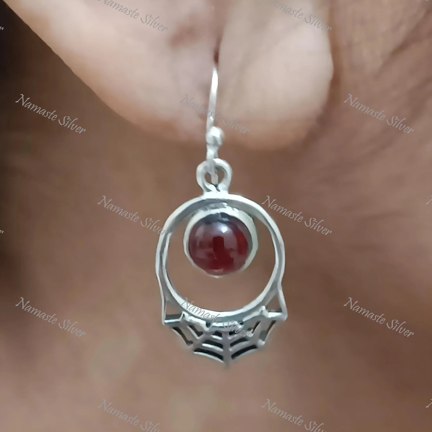 Garnet Earrings, 925 Sterling Silver Dangle Drop Earrings, Natural Garnet Round Gemstone Handmade Jewelry, January Birthstone, Gift for Her