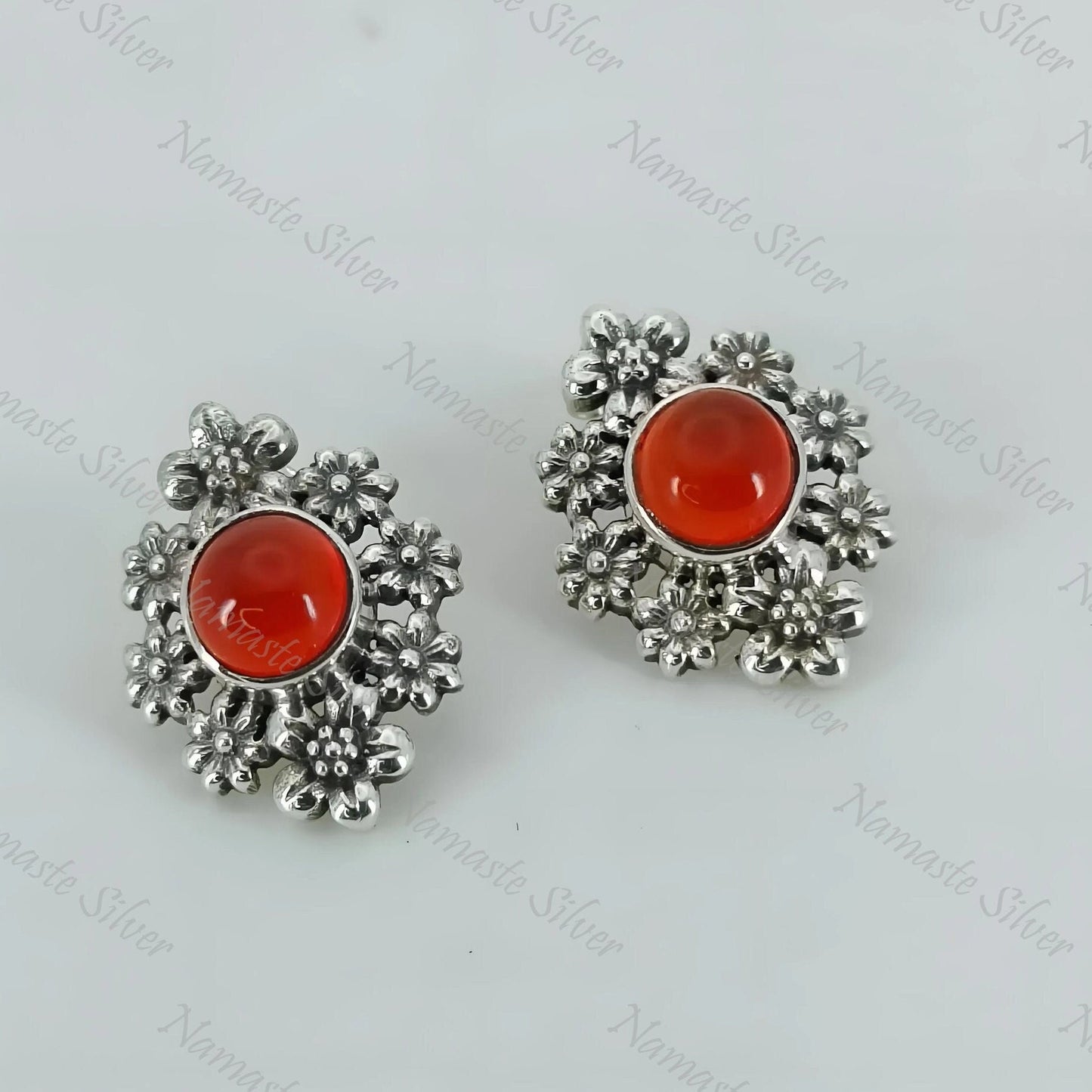 Carnelian Earrings, 925 Sterling Silver Floral Earrings, Natural Carnelian Round Gemstone Handmade Jewelry, July Birthstone, Gift for Her