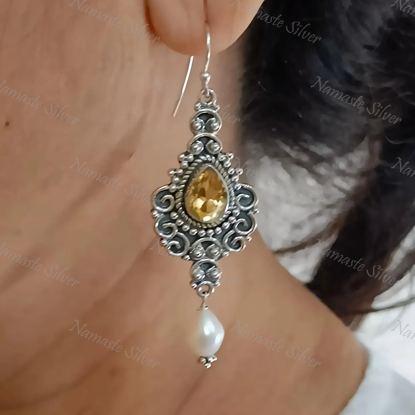 Citrine Pearl Earrings, 925 Sterling Silver Dangle Drop Earrings, Freshwater Pearl, Natural Citrine Pear shape Gemstone Jewelry, Boho Gift