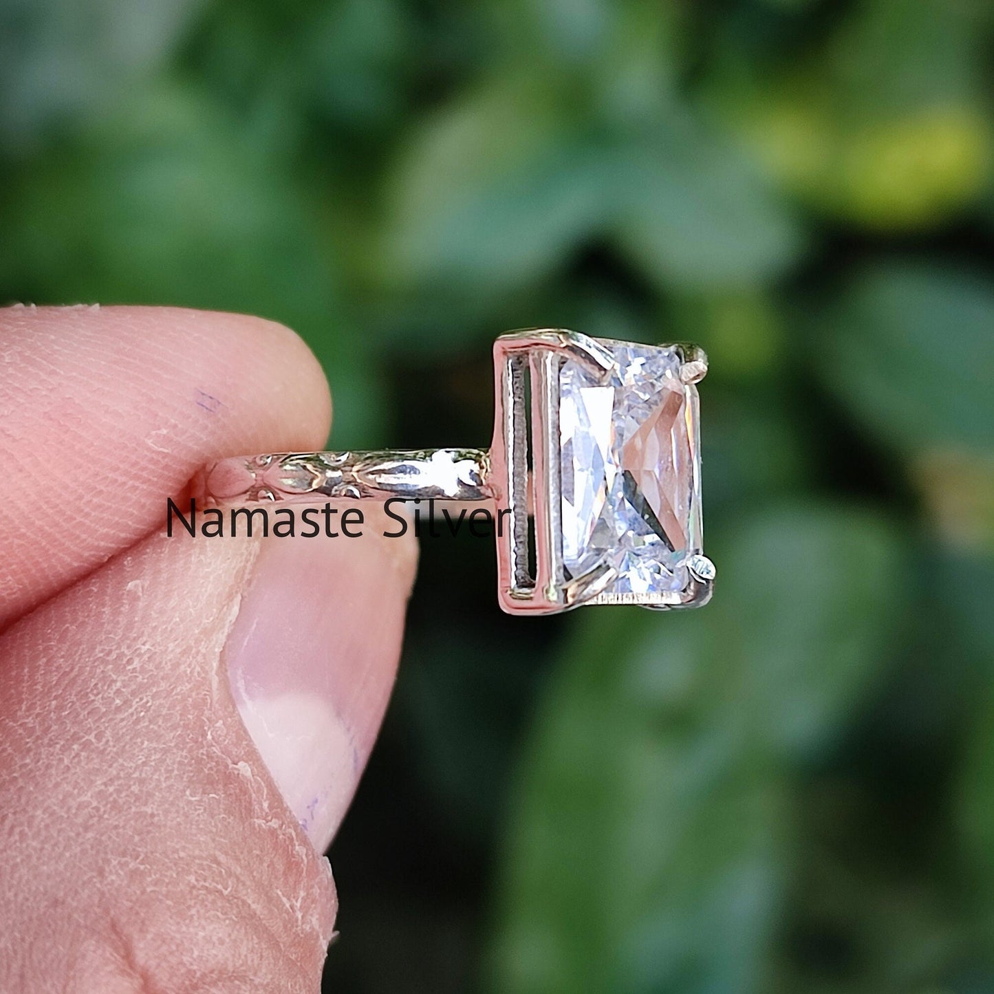 Cubic Zirconia Ring, 925 Sterling Silver Promise Ring, Zirconia Emerald Cut Handmade Boho Jewelry, Gift for Her, CZ Solitaire Wedding Ring