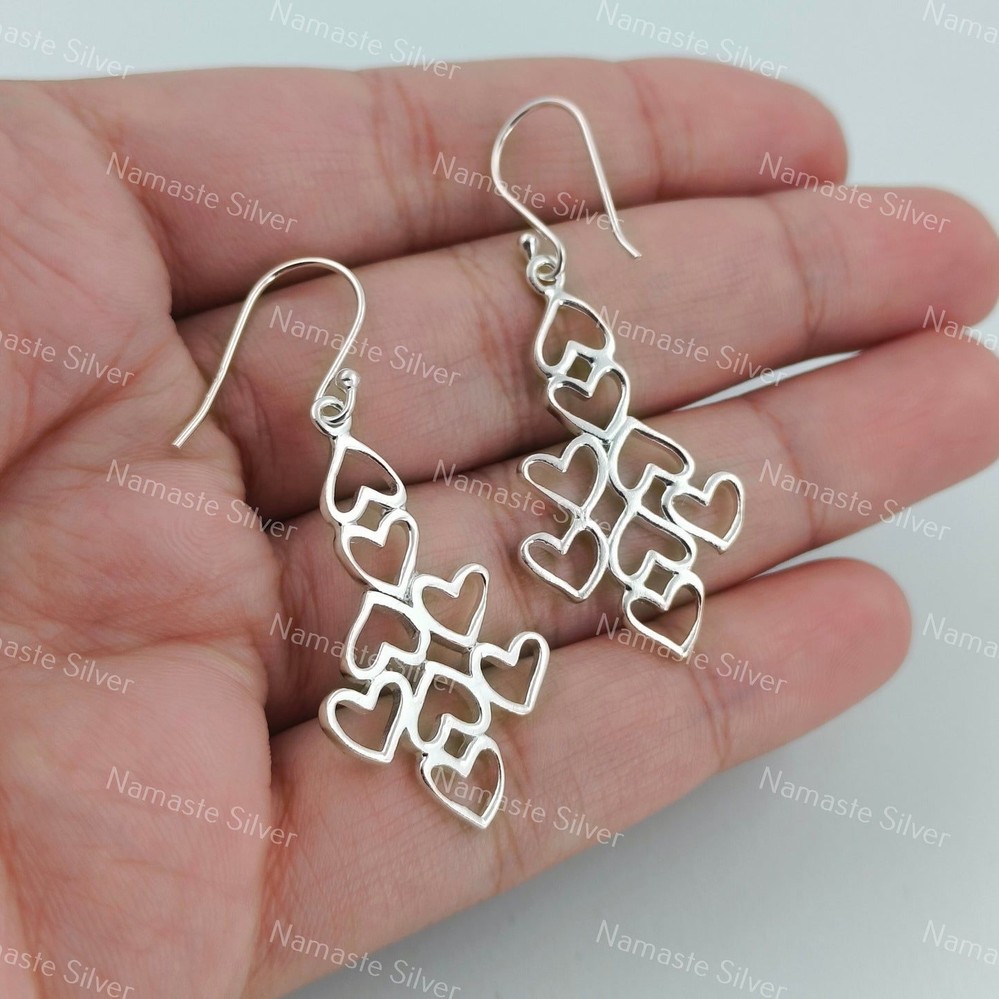 Geometric Heart Dangle Earrings, Handcrafted 925 Sterling Silver Heart Jewelry, Heart to Heart Dangle Earrings for Women, Gift For Her
