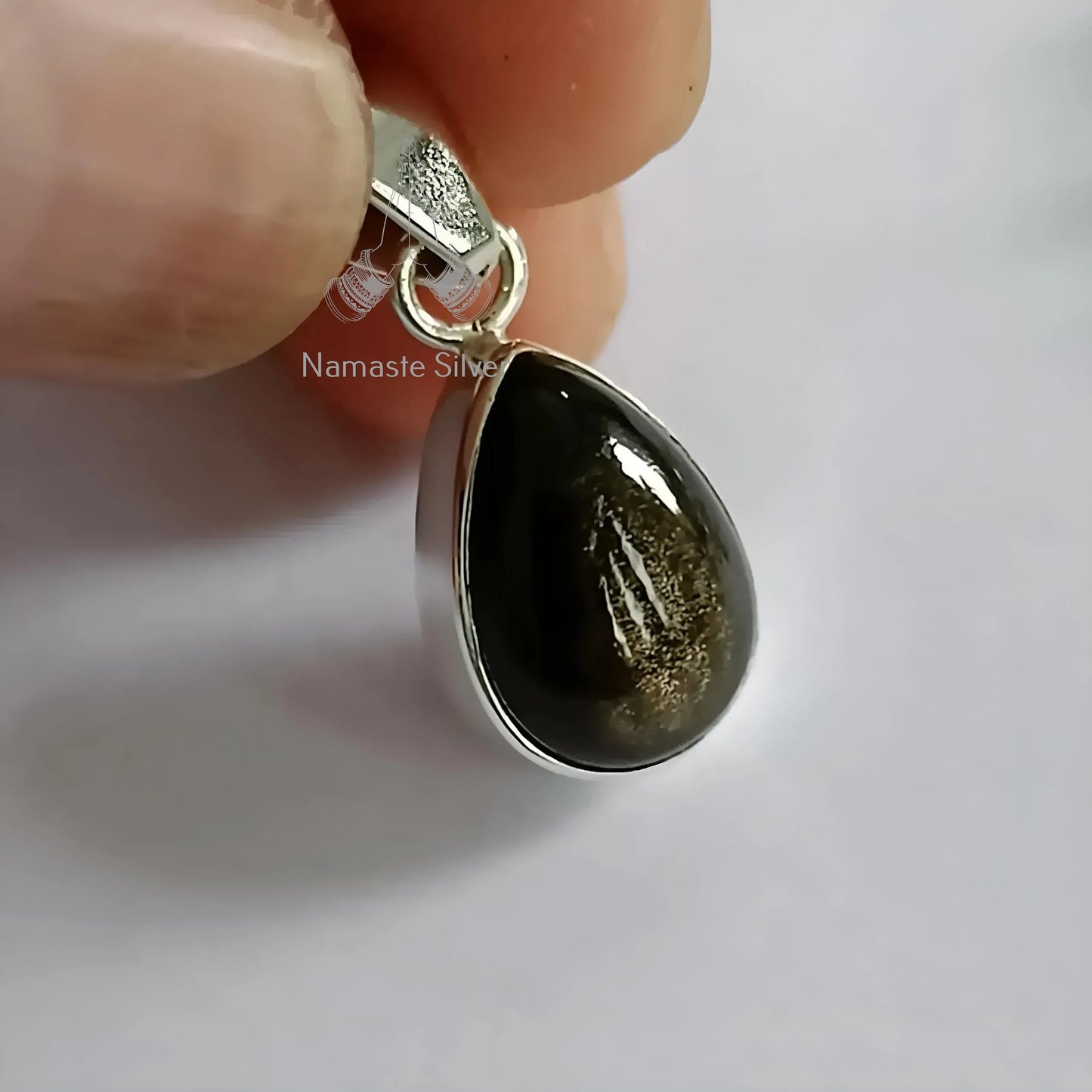 Gold Sheen Obsidian Pendant, 925 Sterling Silver Handmade Locket, Natural Gold Sheen Obsidian Pear Shape Gemstone Jewelry, Gift for Her