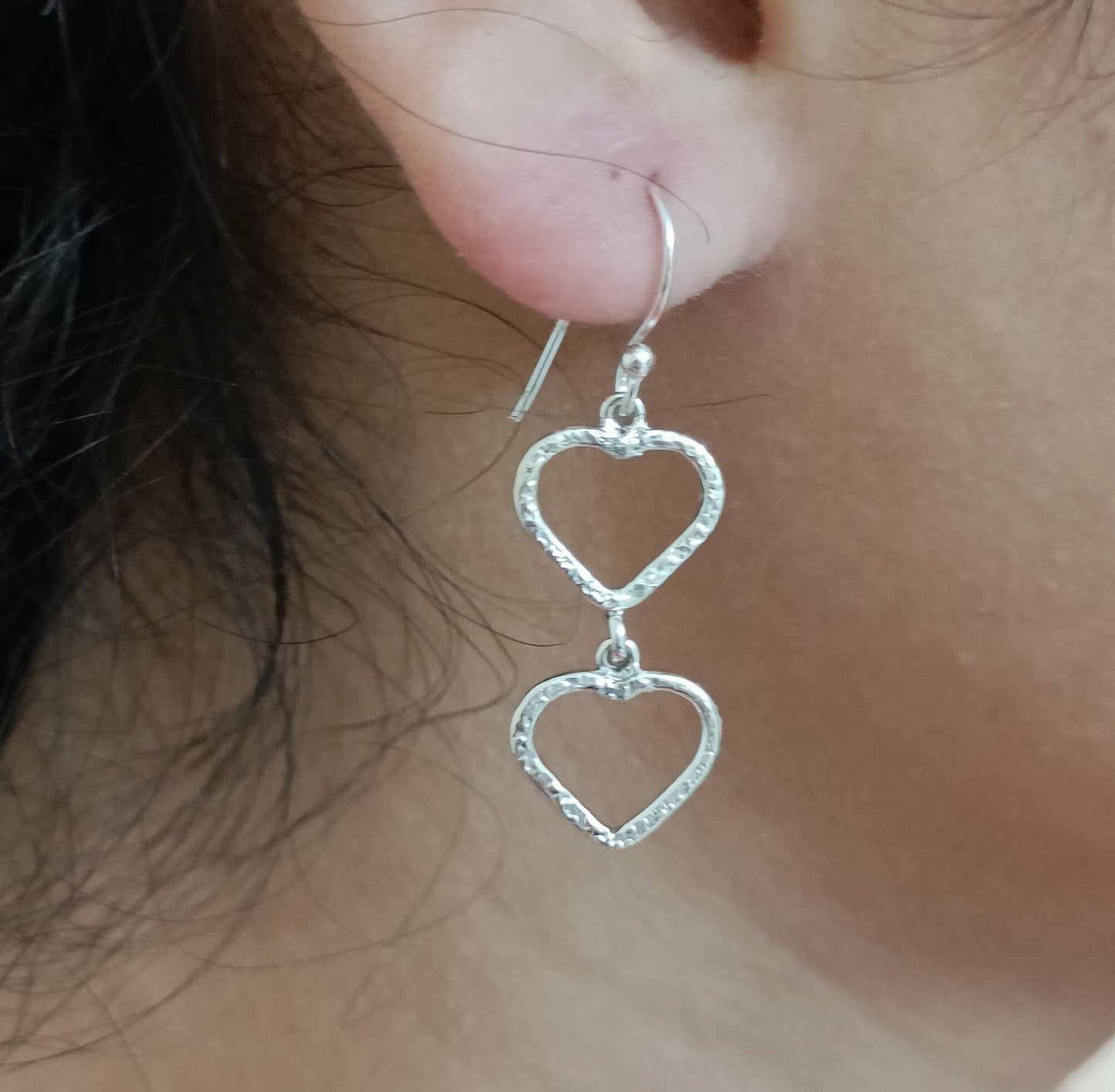 Heart Earrings, 925 Sterling Silver Dual Heart Dangle Drop Earrings, Handmade Heart Shape Jewelry, Minimalist Light Weight, Gift For Her