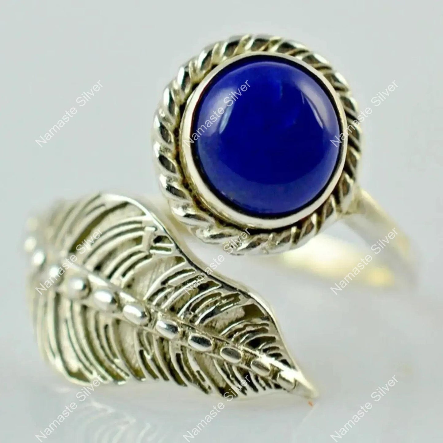 Lapis Lazuli Leaf Ring, 925 Sterling Silver Handmade Jewelry, Natural Blue Round Gemstone Promise Ring, September Birthstone, Gift for Her