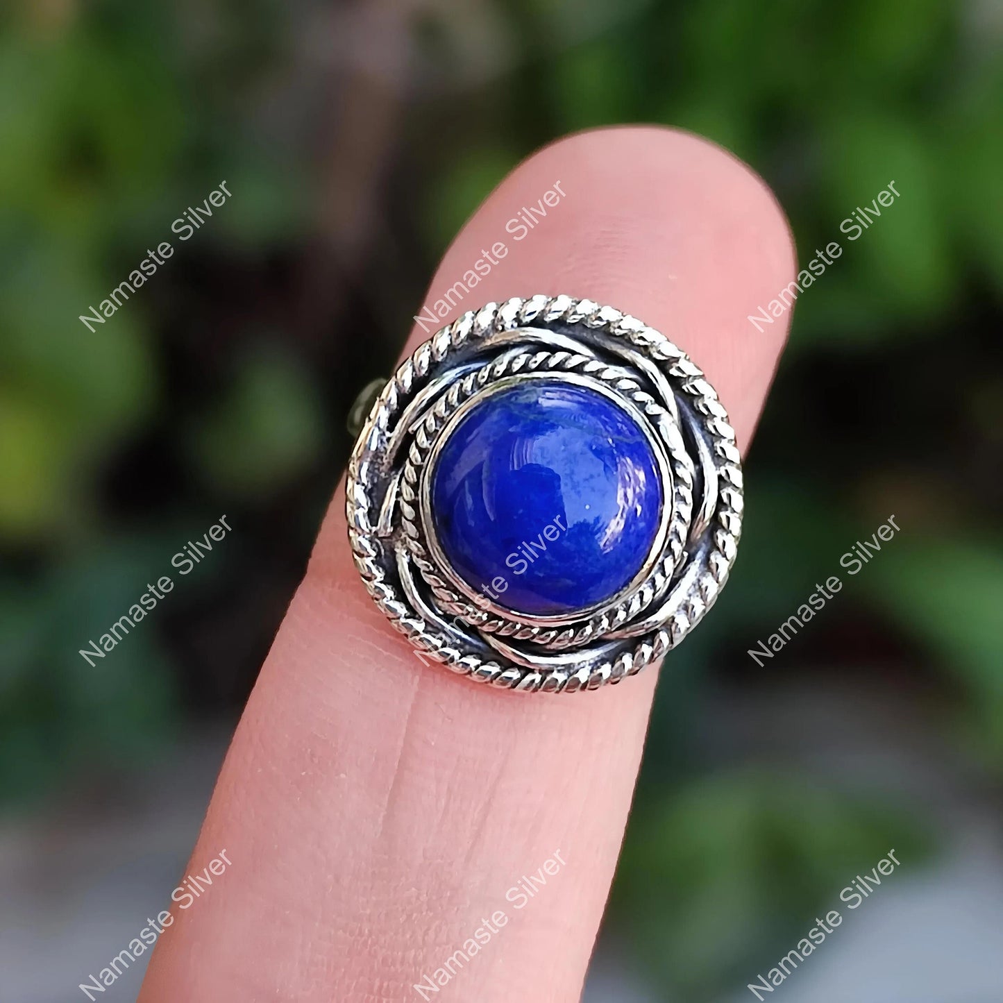 Lapis Lazuli Ring, 925 Sterling Silver Promise Ring, Natural Blue Round Gemstone, September Birthstone Gift for Her, Handmade Boho Jewelry