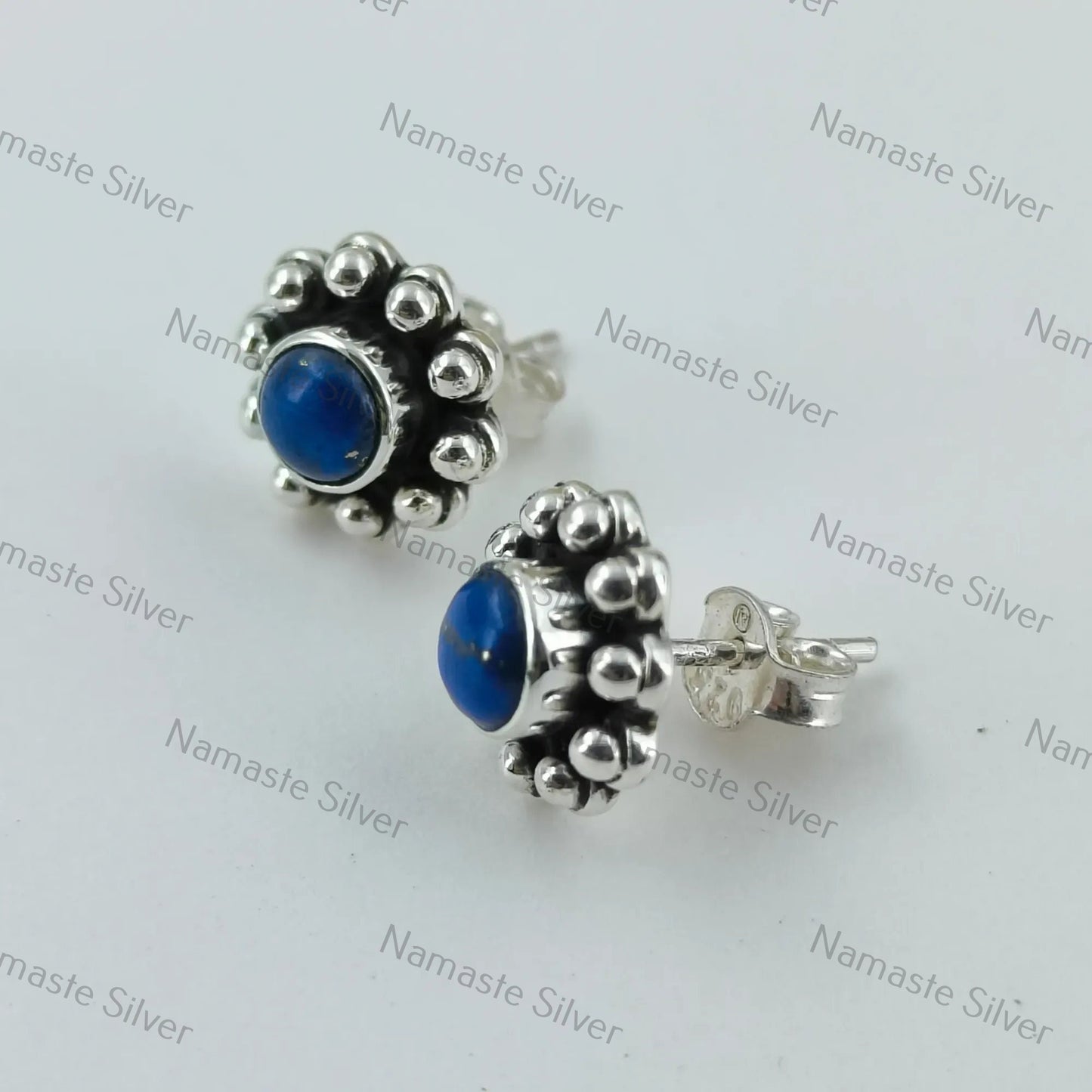 Lapis Lazuli Stud Earrings, 925 Sterling Silver Stud Posts, Natural Blue Round Gemstone Handmade Jewelry, September Birthstone, Gift For Her