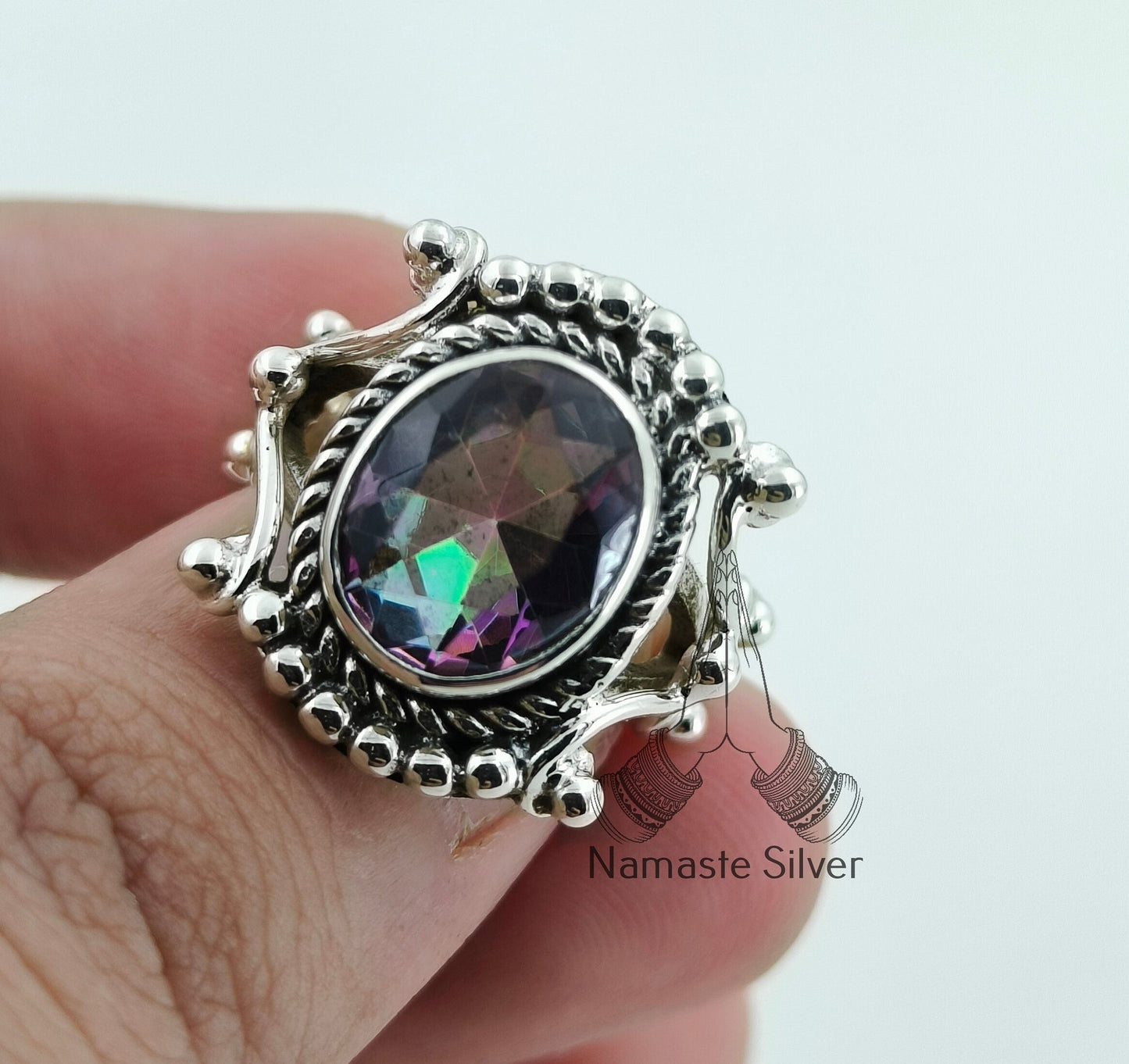 Aurora Mystic Topaz Ring, 925 Sterling Silver Promise Ring, Mystique Topaz Oval Gemstone Handmade Jewelry, November Birthstone, Gift for Her