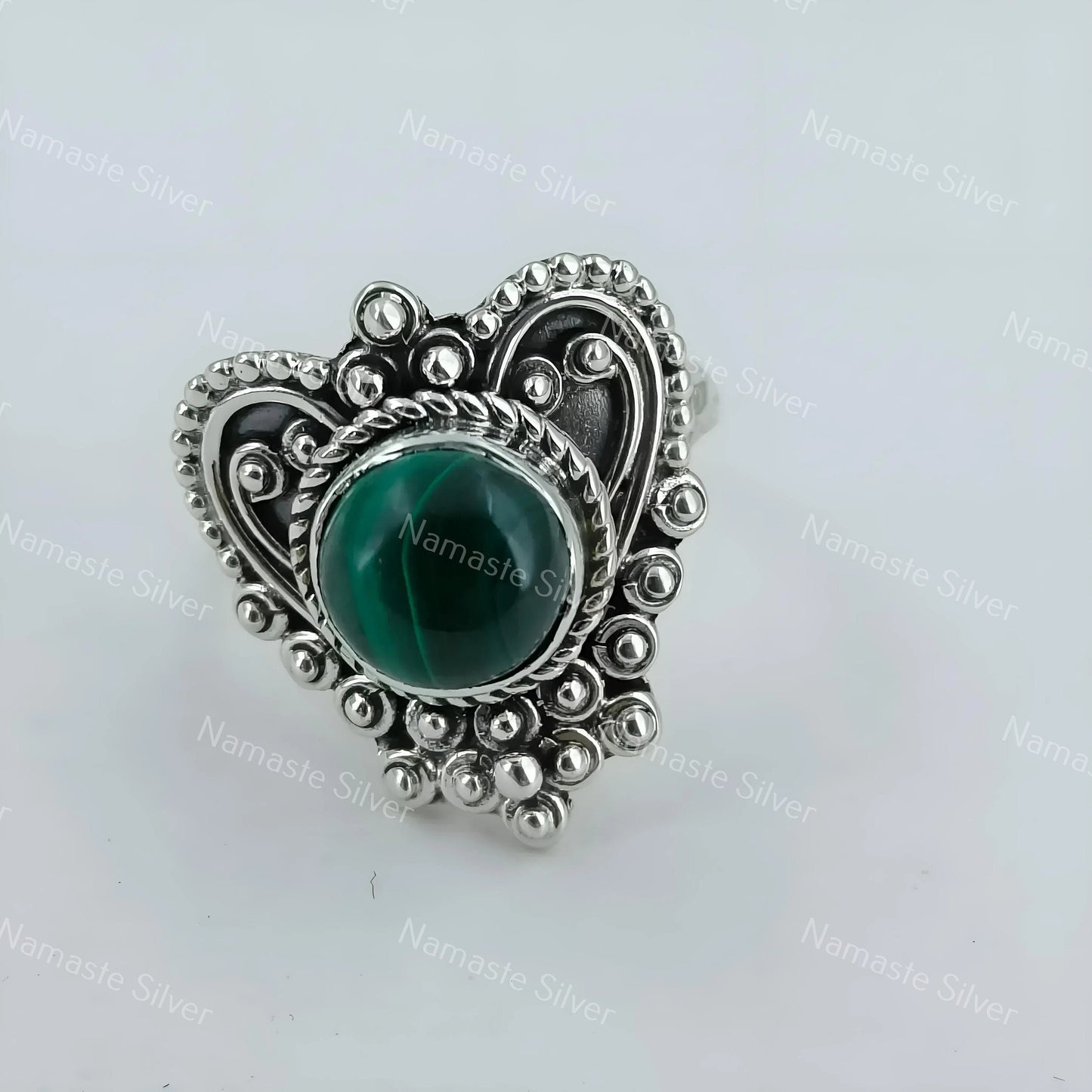 Malachite Ring, 925 Sterling Silver Promise Ring, Natural Green Malachite Round Gemstone, Handmade Heart Shape Jewelry, Unique Gift for Her