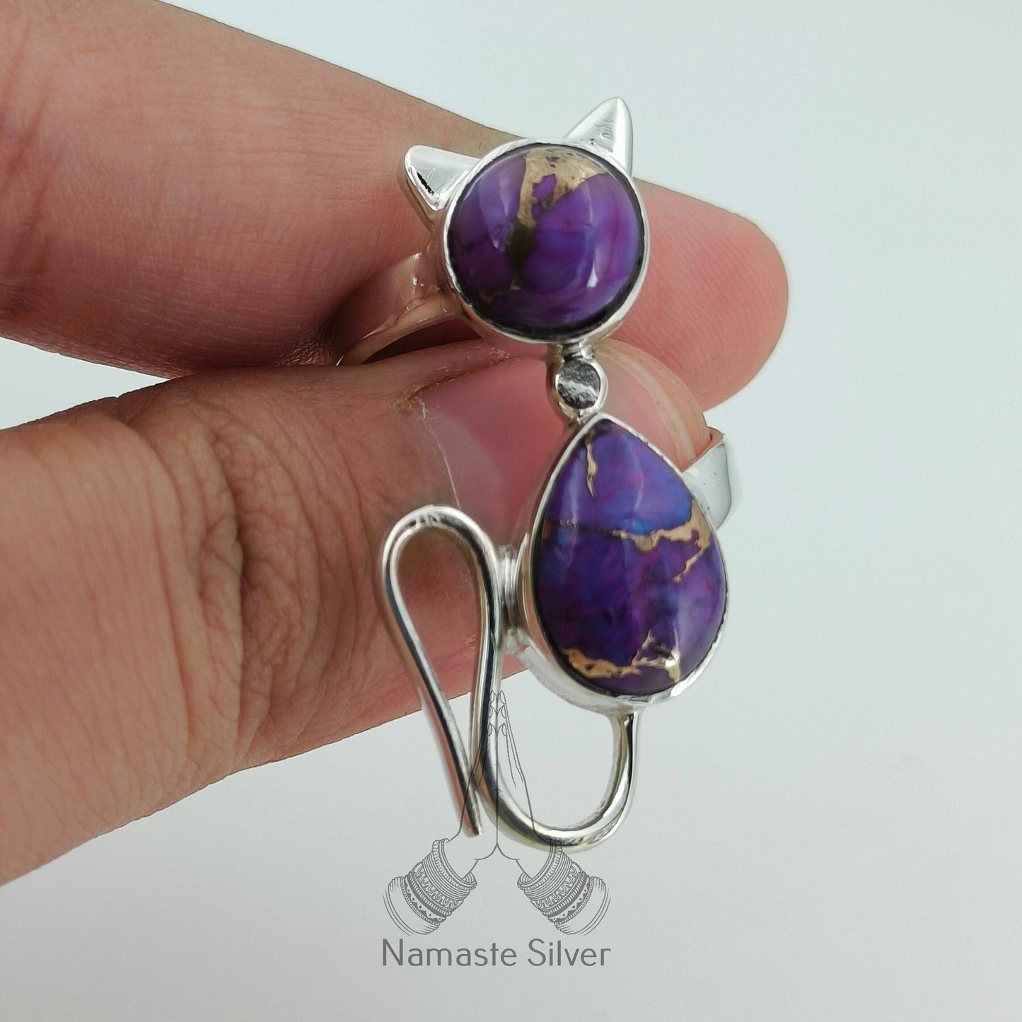 Purple Turquoise Cat Ring, 925 Sterling Silver Handmade Promise Ring, Purple Copper Turquoise Cat Jewelry, Birthstone Gift for Cat Lovers