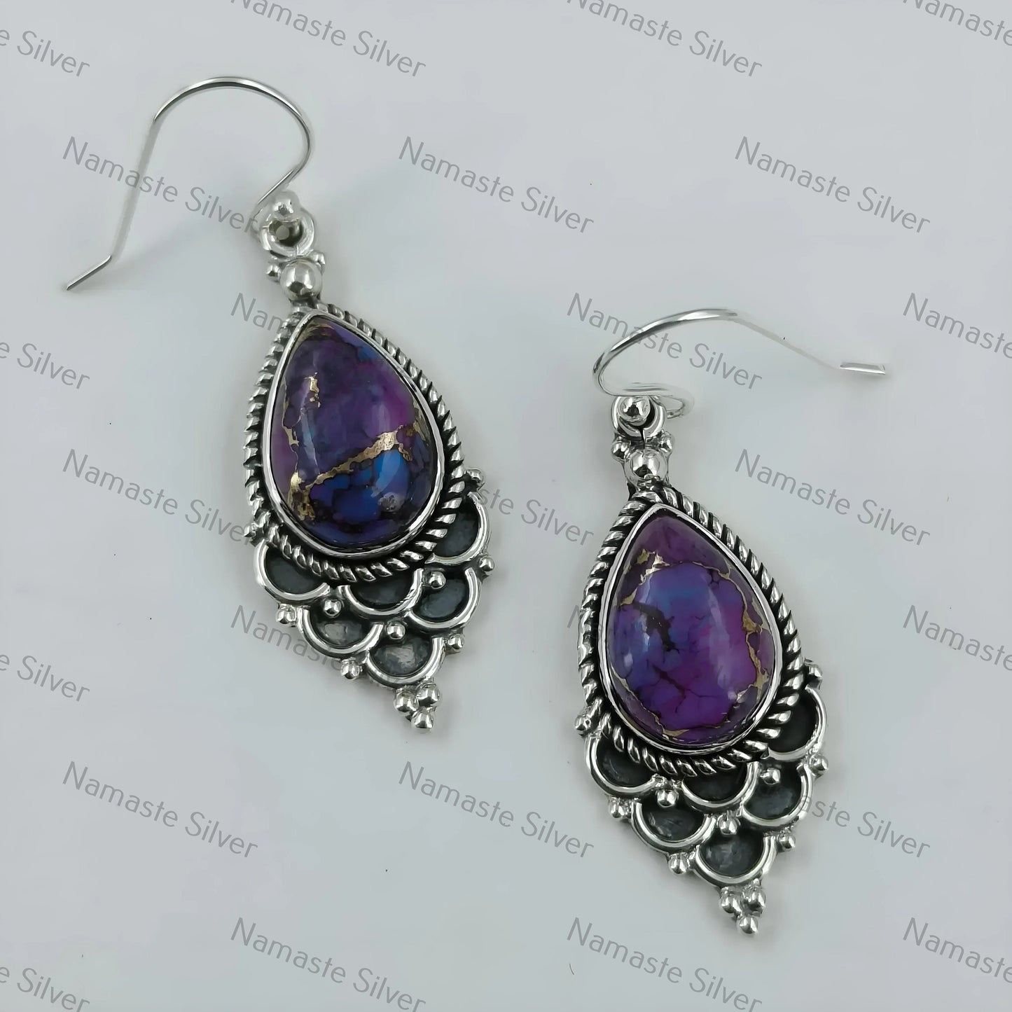 Purple Turquoise Earrings, 925 Sterling Silver Dangle Drop Earrings, Handmade Purple Copper Pear-Shaped Turquoise Gemstone Boho Jewelry Gift