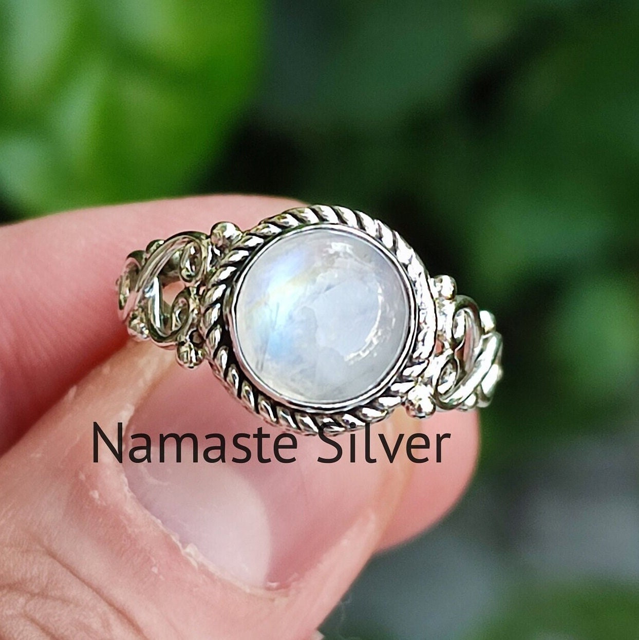 Moonstone Ring, 925 Sterling Silver Statement Promise Ring, Natural Rainbow Moonstone Round Handmade Jewelry, June Birthstone, Gift for her