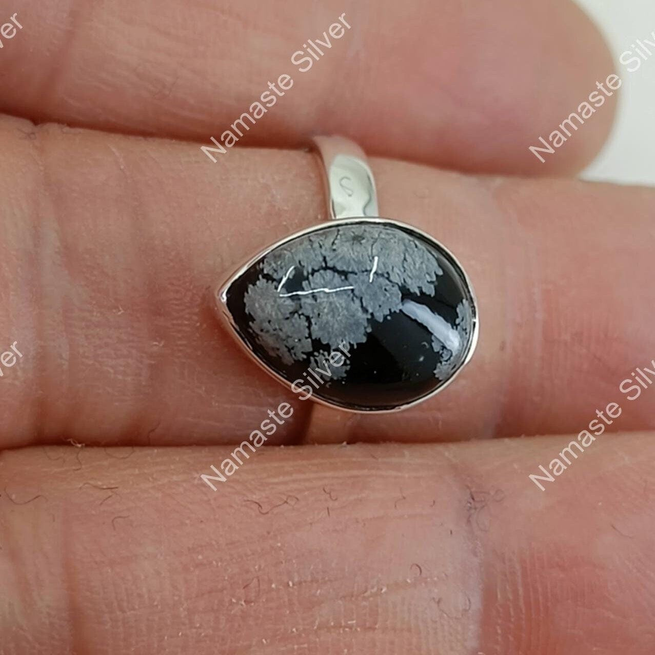 Snowflake Obsidian Ring, 925 Sterling Silver Promise Ring, Natural Black Gemstone Handmade Boho Jewelry, Gift For Her Birthday Anniversary