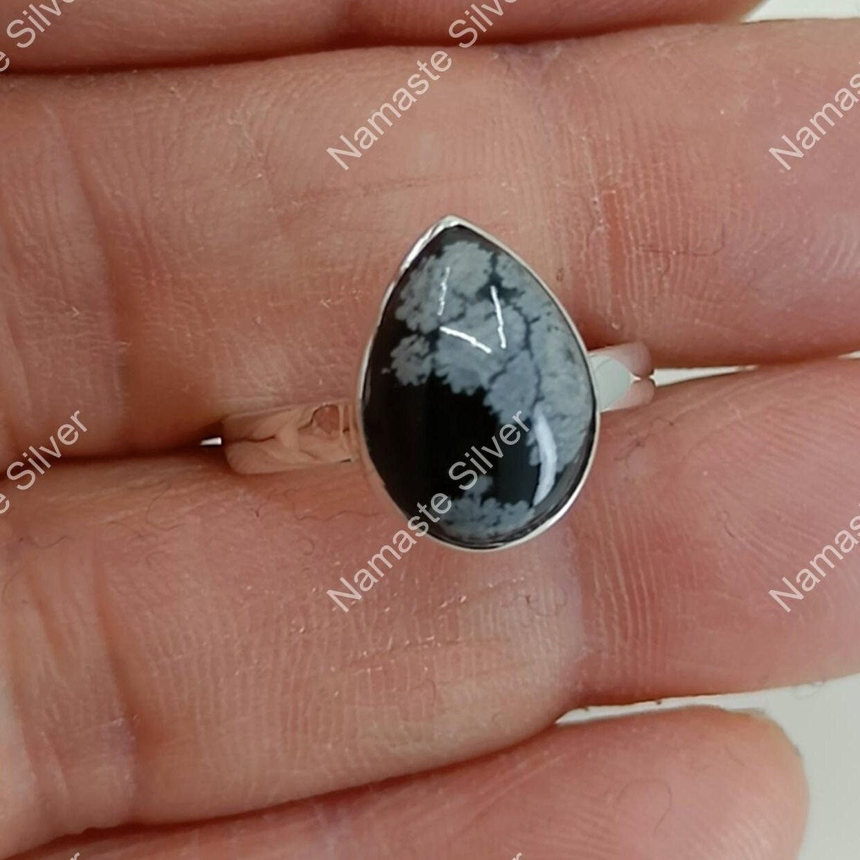 Snowflake Obsidian Ring, 925 Sterling Silver Promise Ring, Natural Black Gemstone Handmade Boho Jewelry, Gift For Her Birthday Anniversary