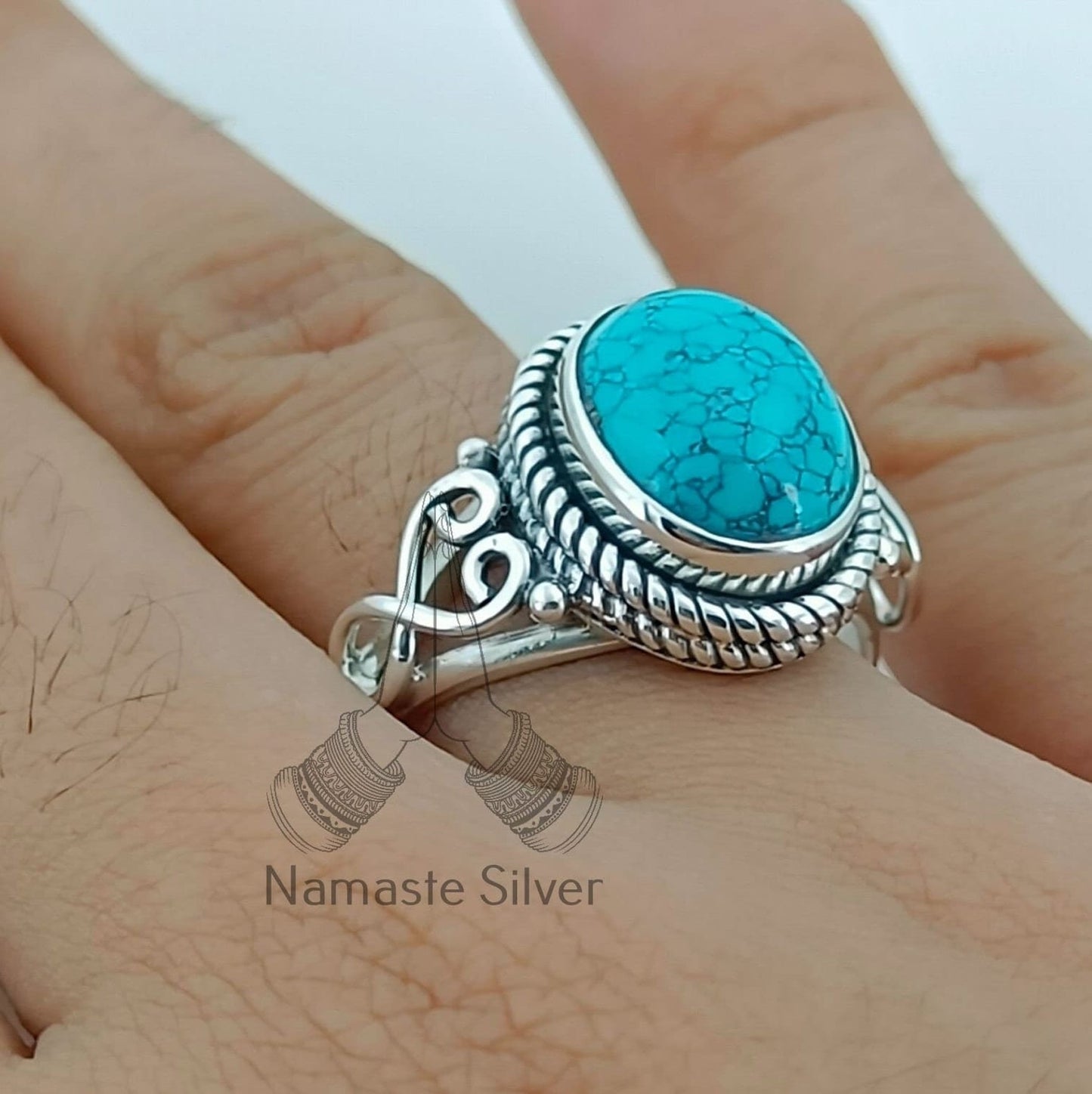 Turquoise Ring, 925 Sterling Silver Promise Ring, Natural Turquoise Oval Gemstone Handmade Boho Jewelry, December Birthstone, Gift for Her