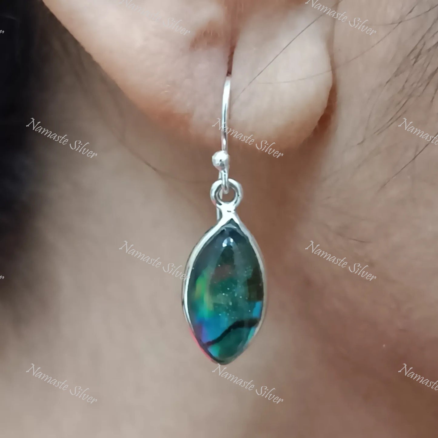 Abalone Shell Doublet Earrings, 925 Sterling Silver Dangle Earrings, Natural Abalone Marquise Handmade Jewelry, Blue Paua Shell Earrings