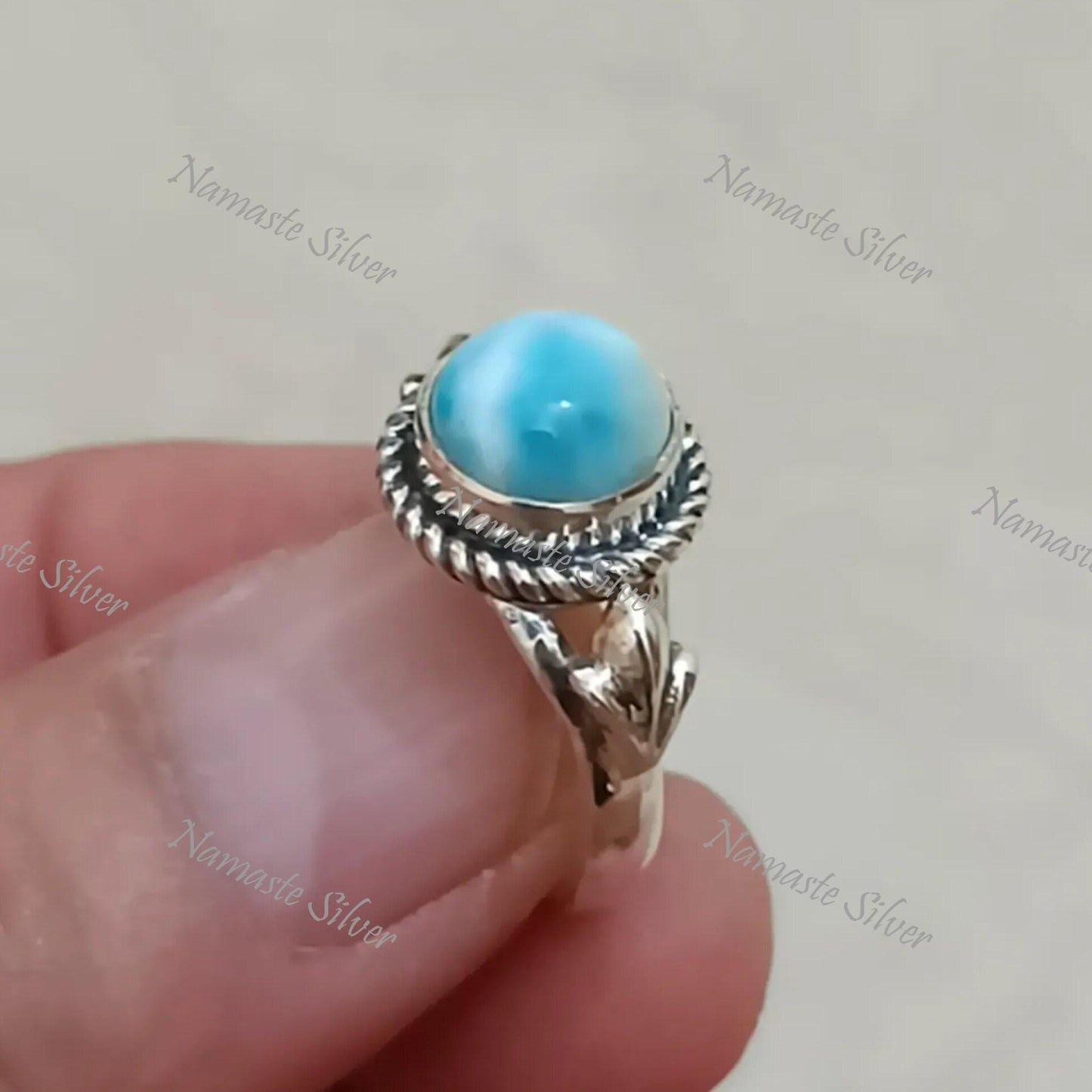 Larimar Ring, 925 Sterling Silver Larimar Ring for Women, Natural Larimar Round Ring, Blue Gemstone Handmade Boho Jewelry, Gift for Her