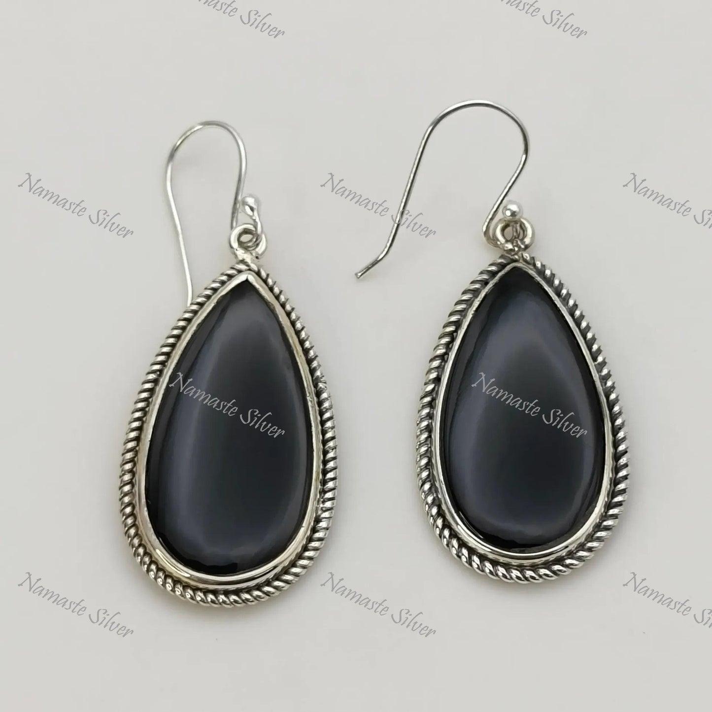 Black Onyx Earrings, Sterling Silver Dangle Drop Earrings, Natural Black Gemstone Pear Shape Handmade Jewelry, July Birthstone, Gift for Her
