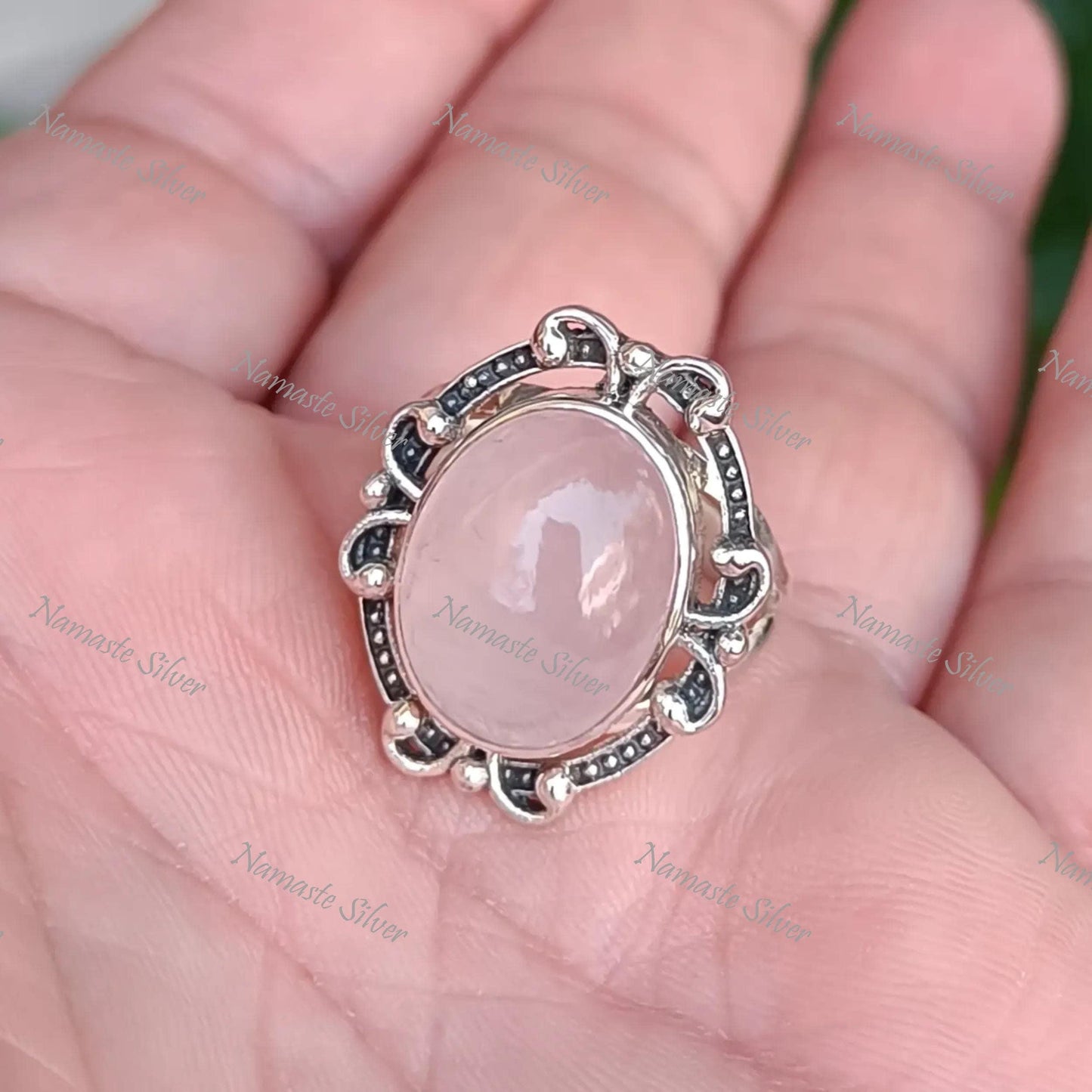 Rose Quartz Ring, 925 Sterling Silver Statement Promise Ring, Natural Pink Gemstone Oval Boho Jewelry, January Birthstone, Gift for her
