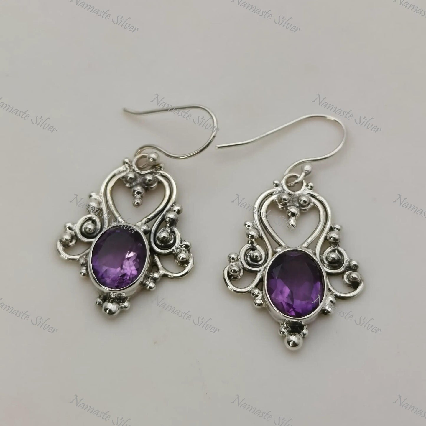 Amethyst Earrings, 925 Sterling Silver Dangle Earrings, Natural Purple Amethyst Oval Gemstone Jewelry, February Birthstone, Gift For Her