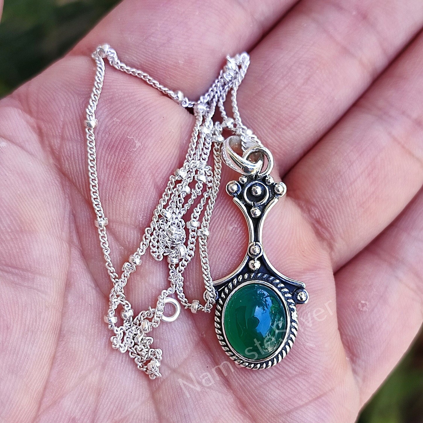 Green Onyx Necklace, 925 Sterling Silver Pendant Locket Chain, Natural Green Onyx Oval Gemstone Handmade Boho Jewelry, Elegant Gift for her