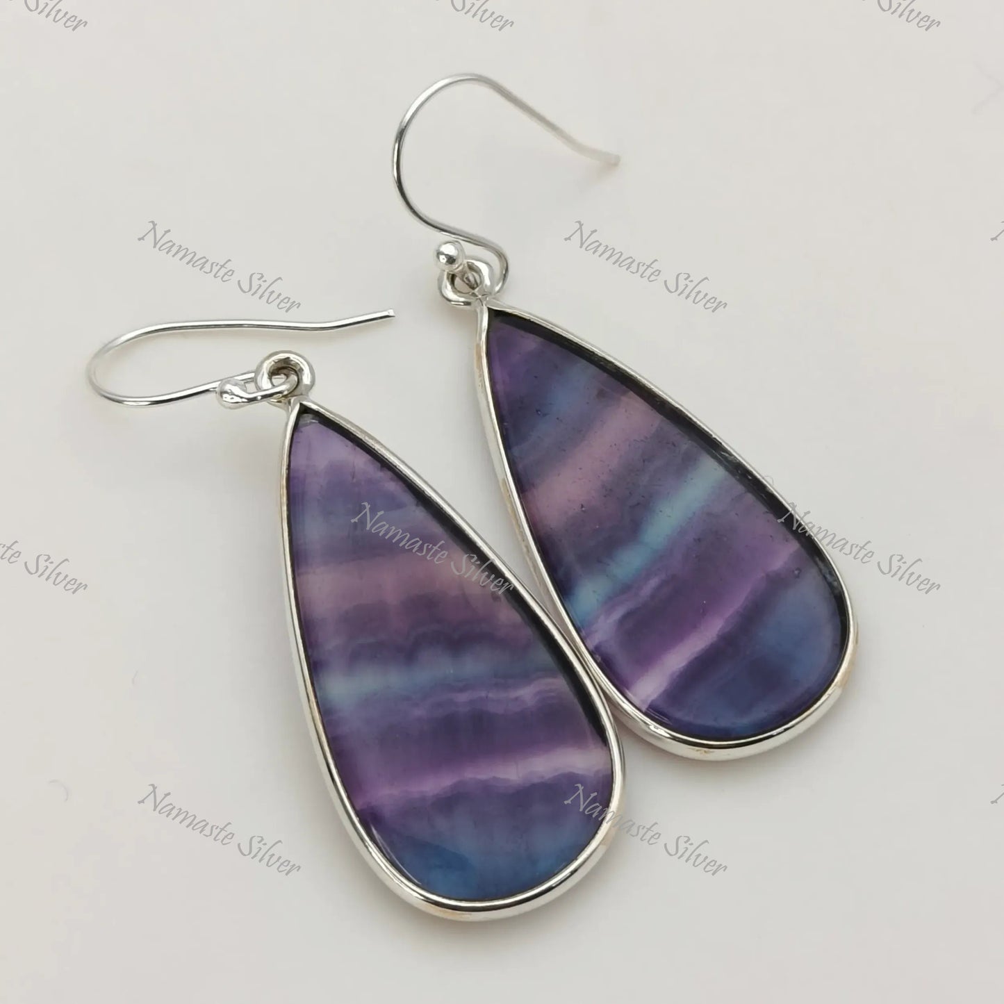 Fluorite Earrings, 925 Sterling Silver Dangle Drop Bezel Earrings, Natural Fluorite Pear Shape Handmade Boho Jewelry, Unique Gift For Her