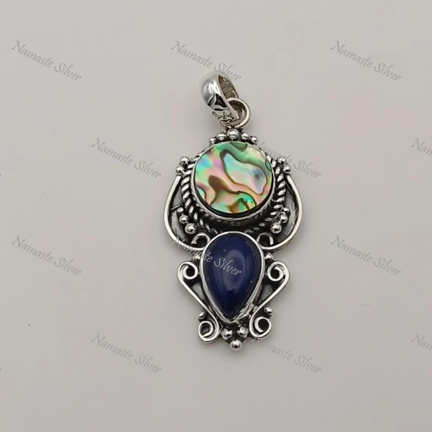 Abalone Shell, Lapis Lazuli Pendant, 925 Sterling Silver Pendant, Natural Paua Shell & Lapis Lazuli Gemstone Handmade Jewelry, Gift for her