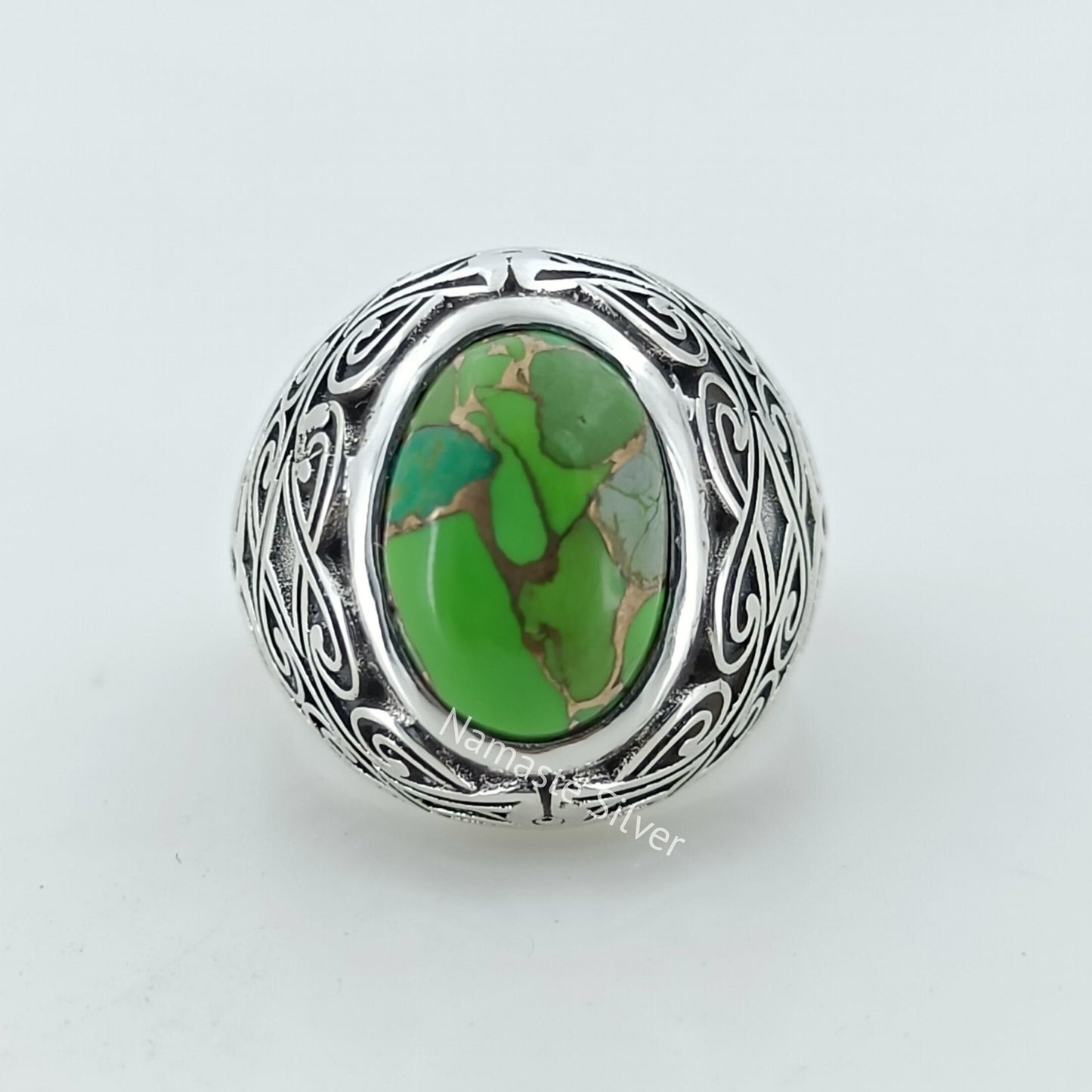 Green Turquoise Ring, 925 Sterling Silver Statement Promise Ring for Women, Green Copper Turquoise Oval Handmade Boho Jewelry, Gift for Her