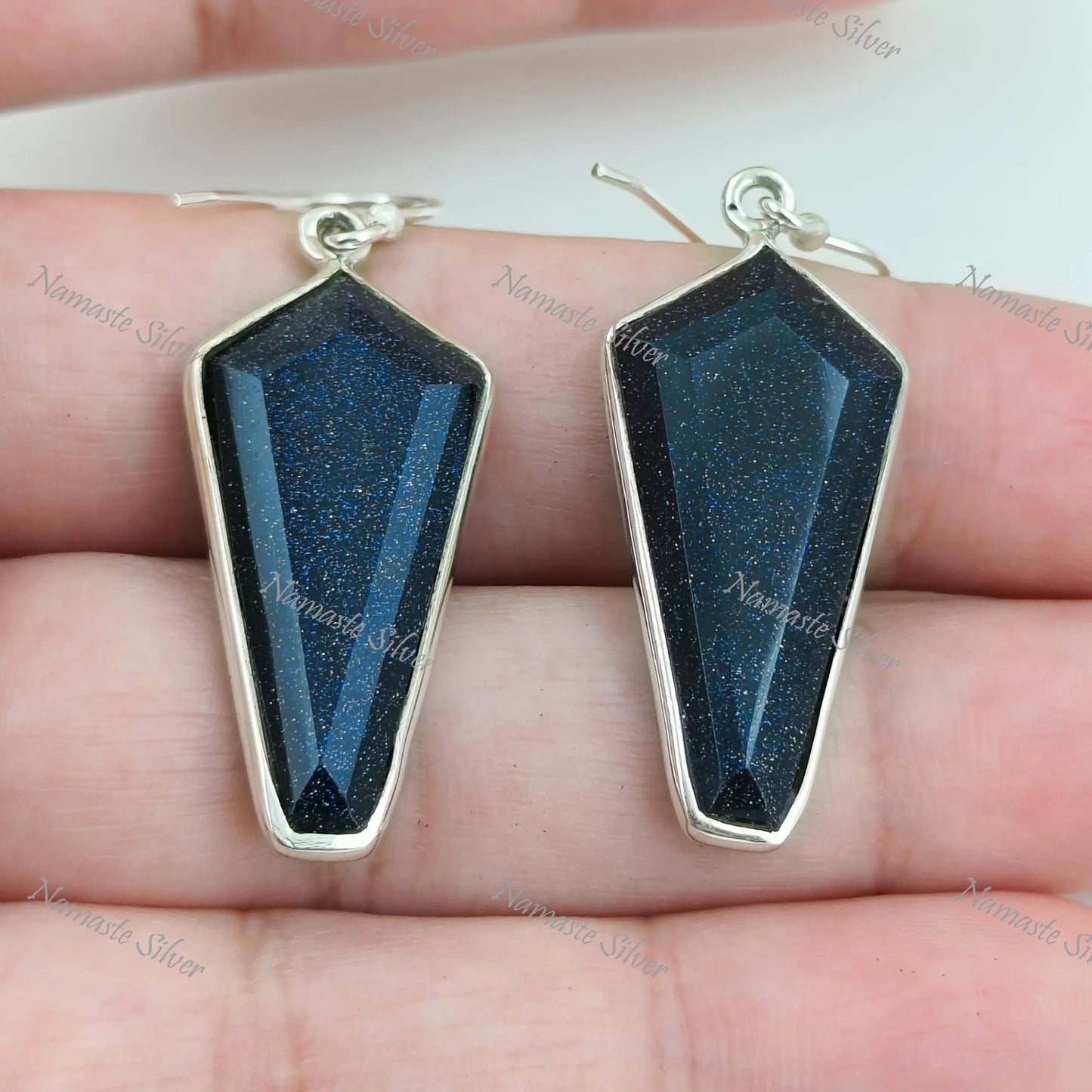 Sun Stone Earrings, 925 Sterling Silver Dangle Drop Earrings, Natural Blue Sun Stone Kite Shape Handmade Boho Jewelry, Unique Gift For Her