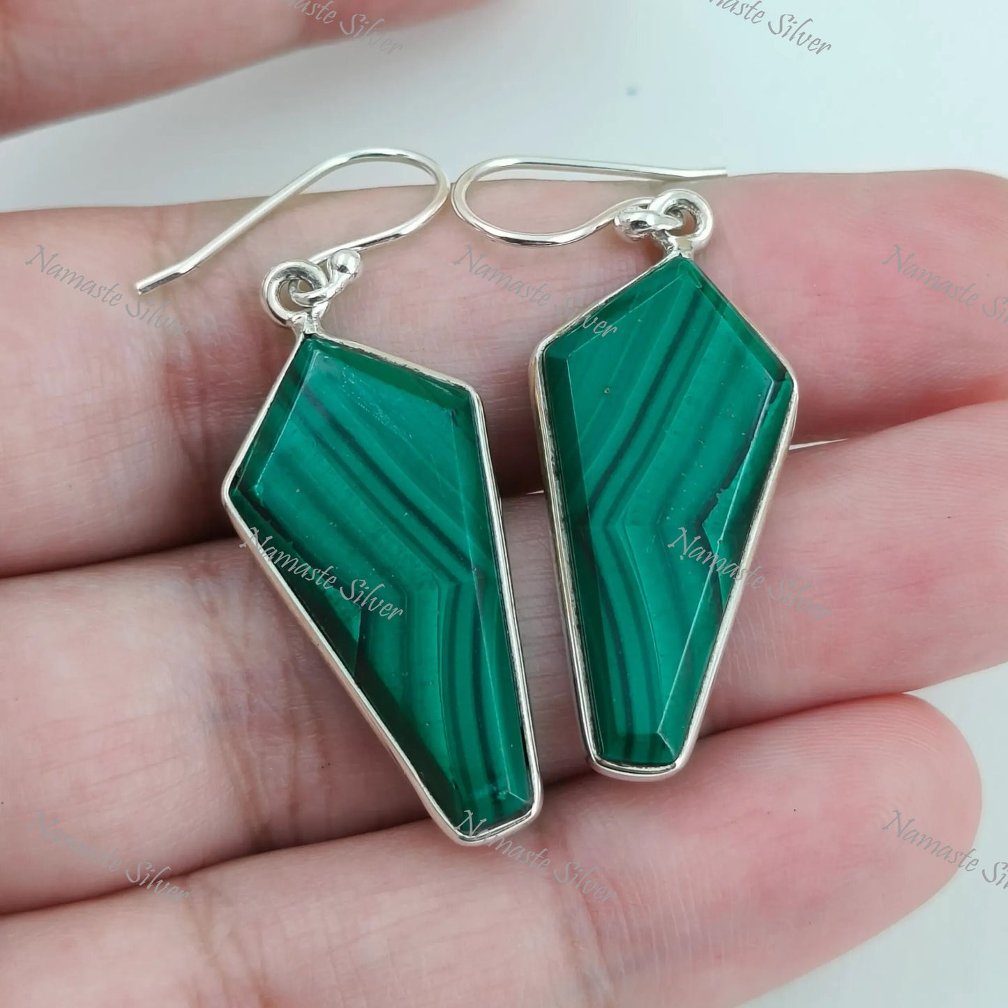 Malachite Earrings, Sterling Silver Dangle Drop Earrings, Natural Green Malachite Kite Shape Gemstone Jewelry, Unique Gift for Her Birthday