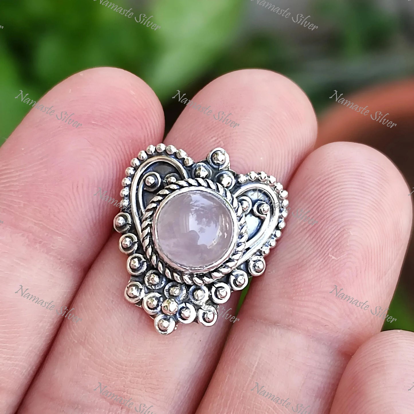 Rose Quartz Ring, 925 Sterling Silver Statement Promise Heart Ring, Natural Pink Gemstone Round Jewelry, January Birthstone, Gift for her