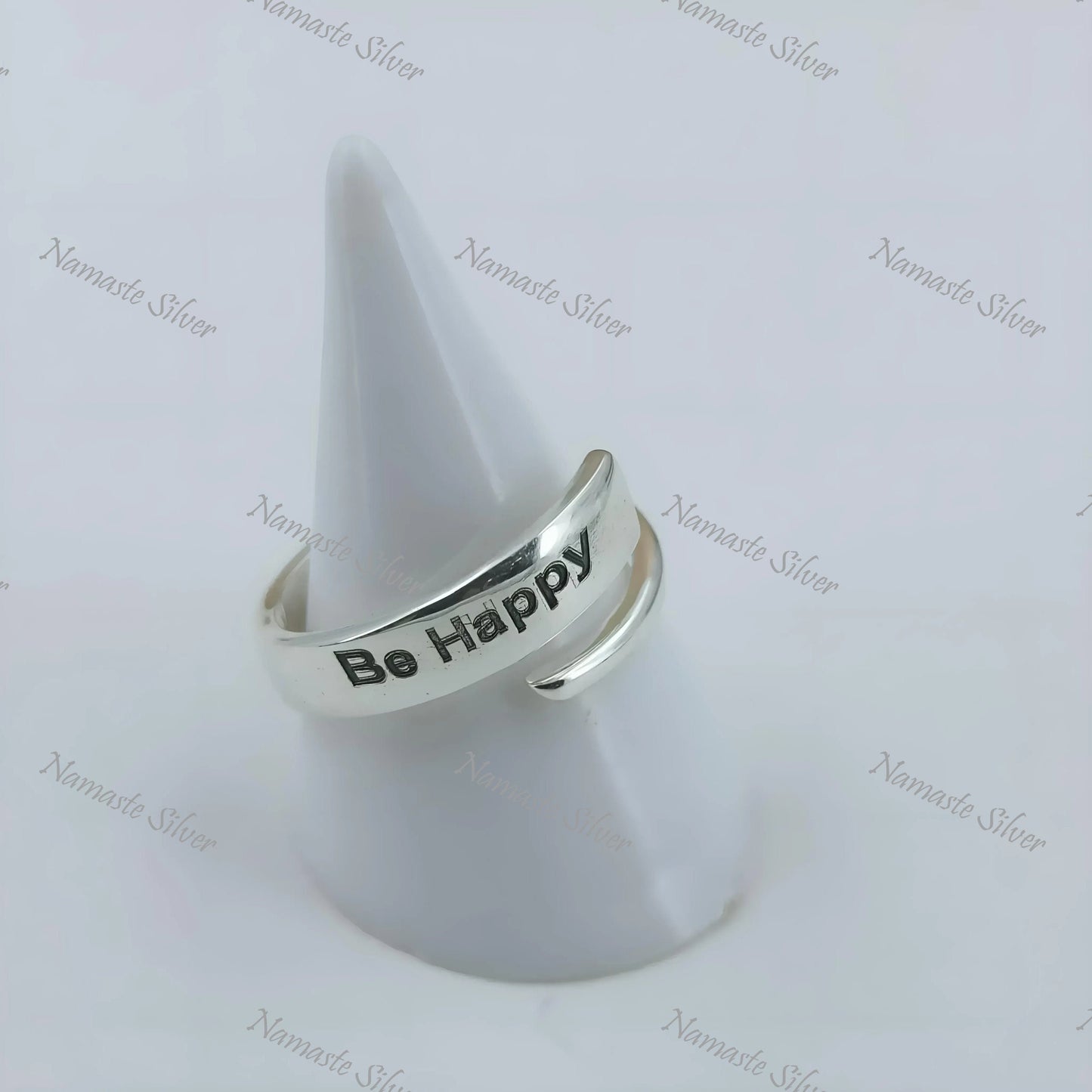 Be Happy Ring, 925 Sterling Silver Adjustable Promise Ring, Inspirational Motivational Quote Handmade Jewelry, Personalized Gift for Him Her