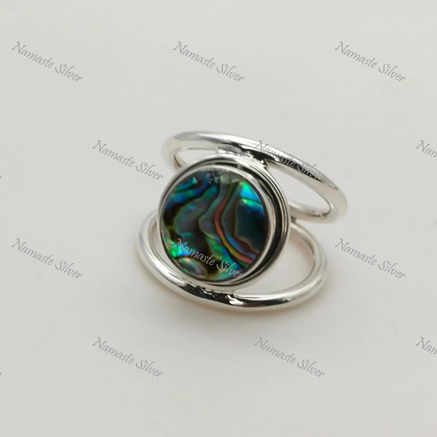 Abalone Shell Ring, 925 Sterling Silver Statement Promise Ring, Natural Ocean Seashell Round Handmade Jewelry, Paua Shell Ring, Gift for her