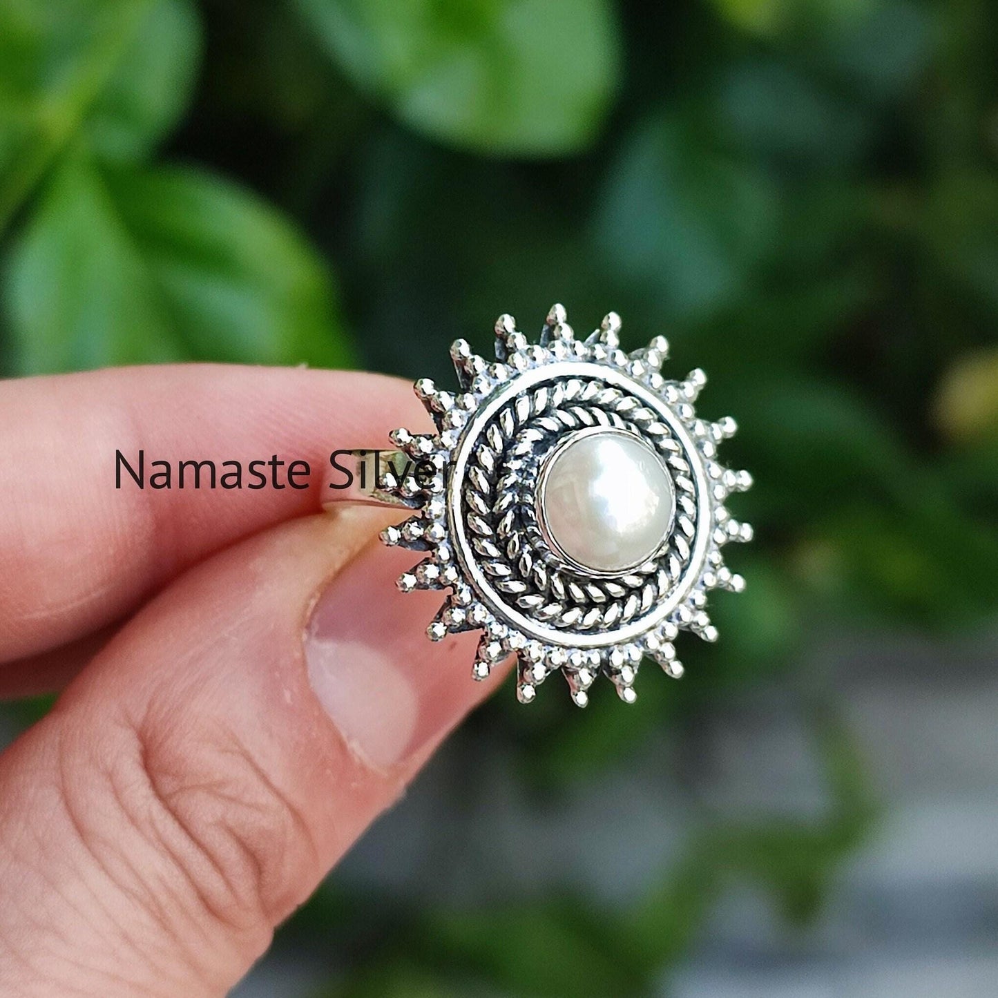 Pearl Ring, 925 Sterling Silver Statement Promise Ring, Freshwater Pearl Round Handmade Boho Jewelry, June Birthstone, Gift for Her Birthday