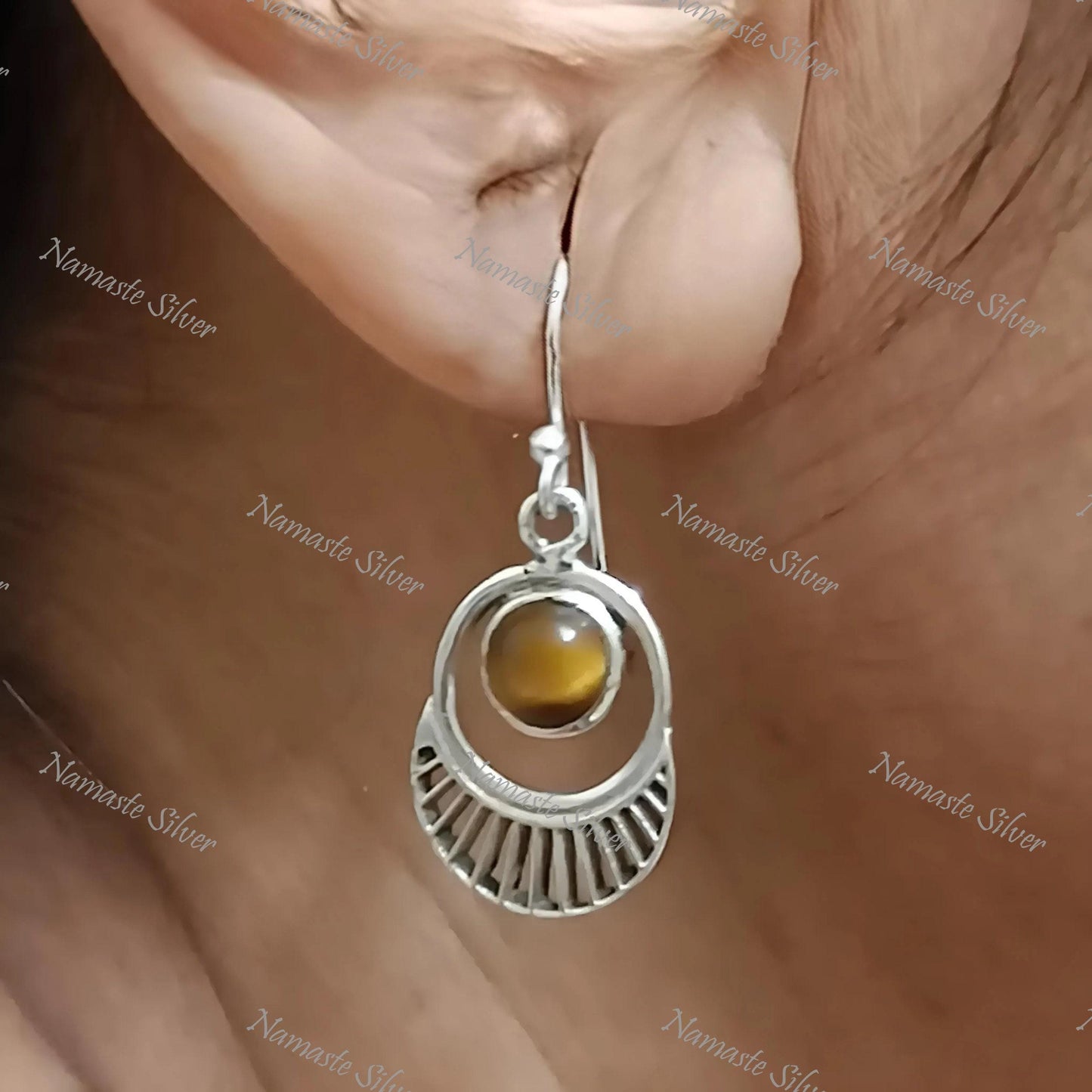 Tigers Eye Earrings, 925 Sterling Silver Dangle Earrings, Natural Tiger's Eye Round Gemstone Handmade Jewelry, June Birthstone, Gift for Her