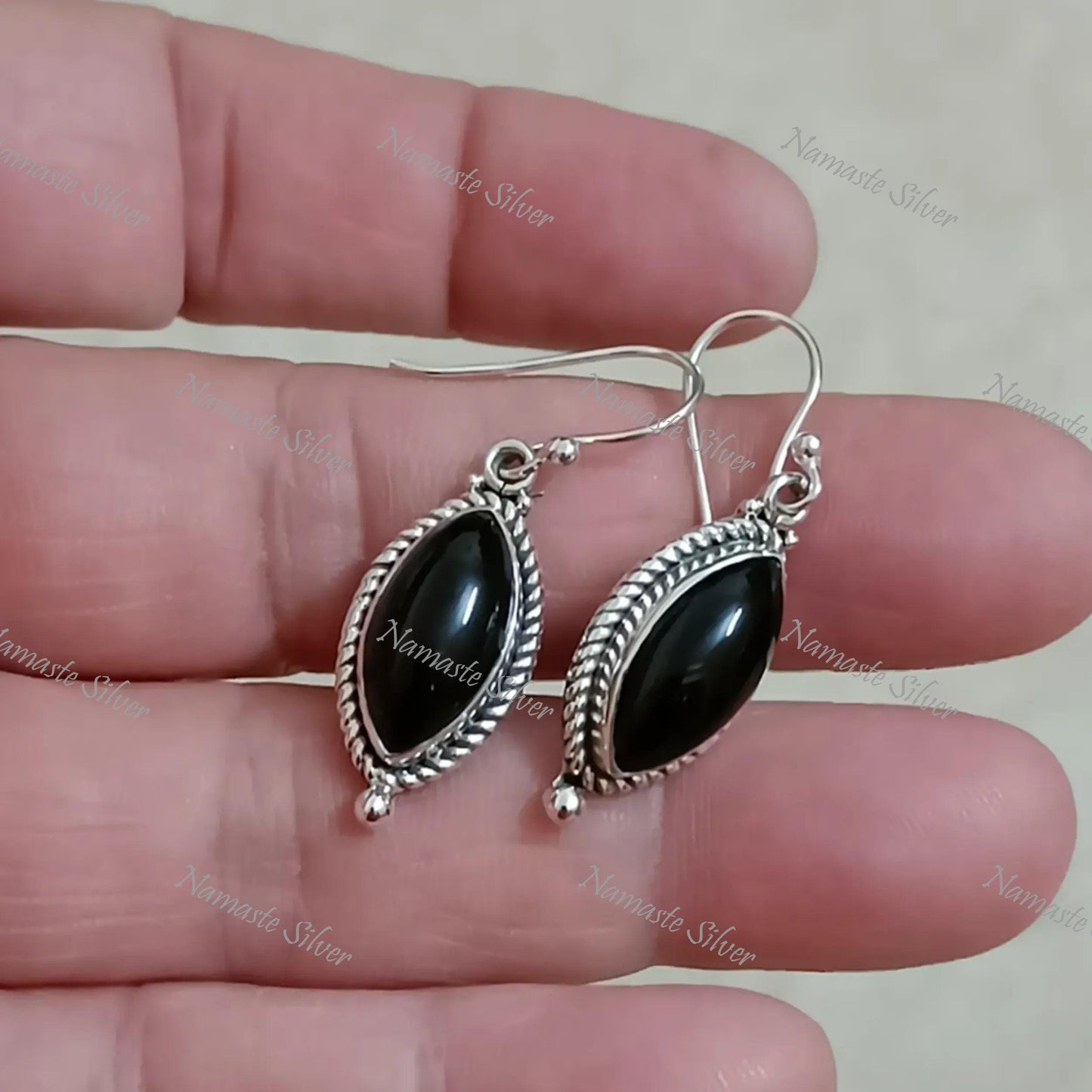 Black Onyx Silver Earrings, 925 Sterling Silver Dangle Earrings, Natural Black Onyx Marquise Handmade Jewelry, Gift For Her, July Birthstone