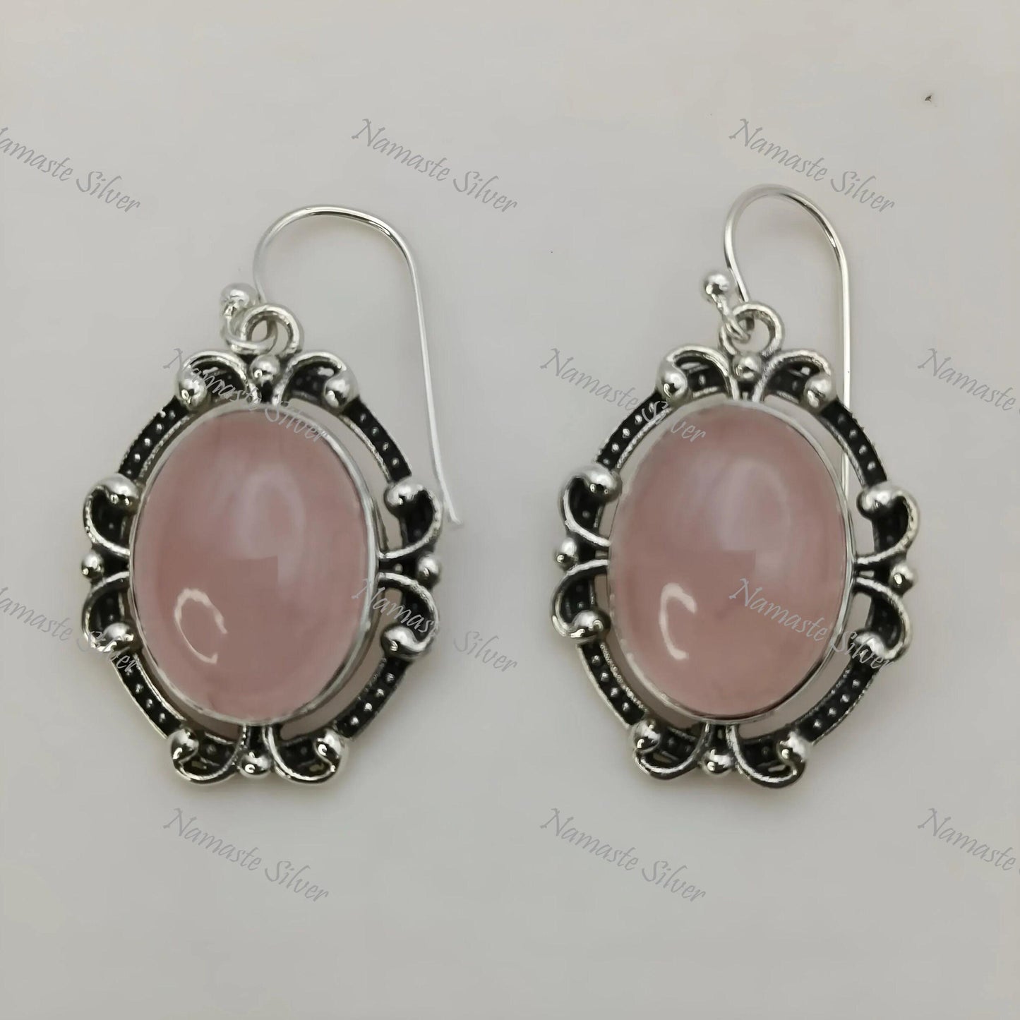 Rose Quartz Earrings, 925 Sterling Silver Dangle Drop Earrings, Natural Rose Quartz Oval Handmade Jewelry, Gift For Her, January Birthstone