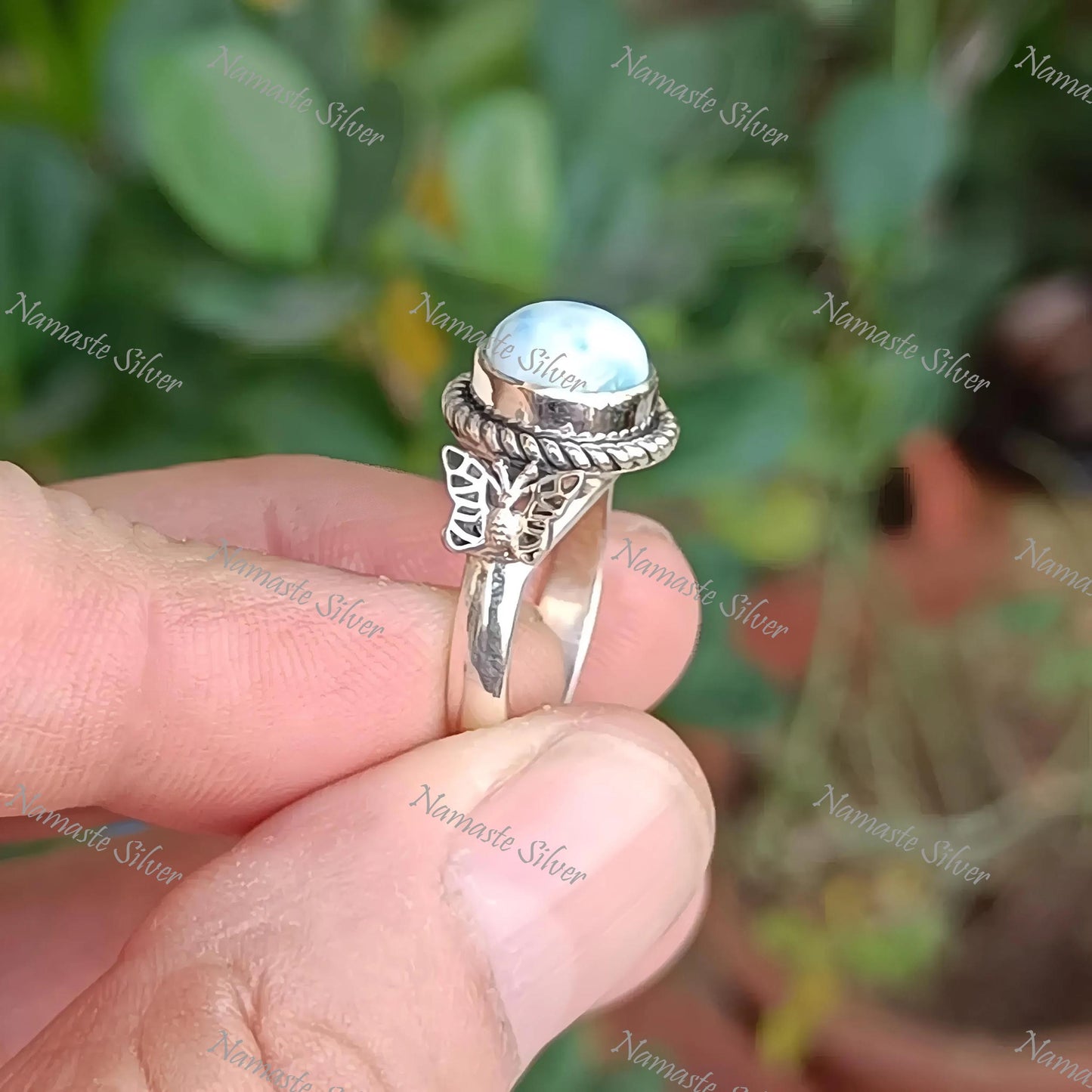 Larimar Ring, 925 Sterling Silver Promise Ring, Natural Larimar Round Gemstone Handmade Butterfly Jewelry, Gift for Her, February Birthstone