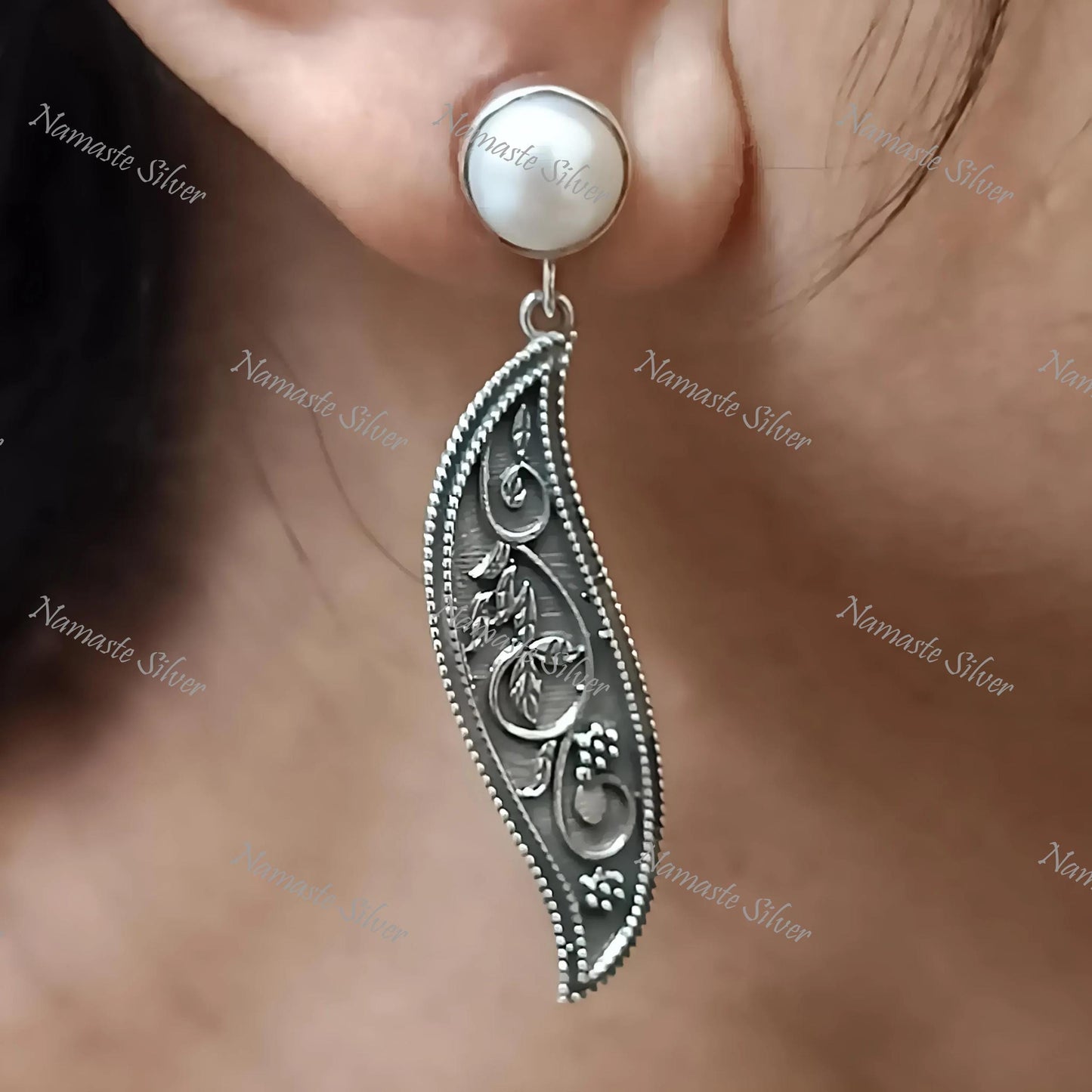 Pearl Paisley Earrings, 925 Sterling Silver Dangle Jewelry, Freshwater Pearl & Elegant Paisley Handmade Boho Jewelry, Unique Gift for Her