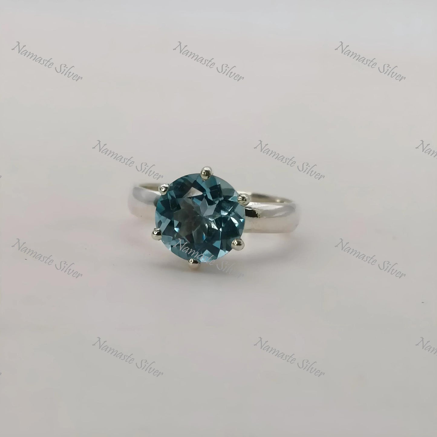 Blue Topaz Solitaire Ring, 925 Sterling Silver, Natural Topaz Round Gemstone, December Birthstone Jewelry, Handmade Boho Style, Gift for Her