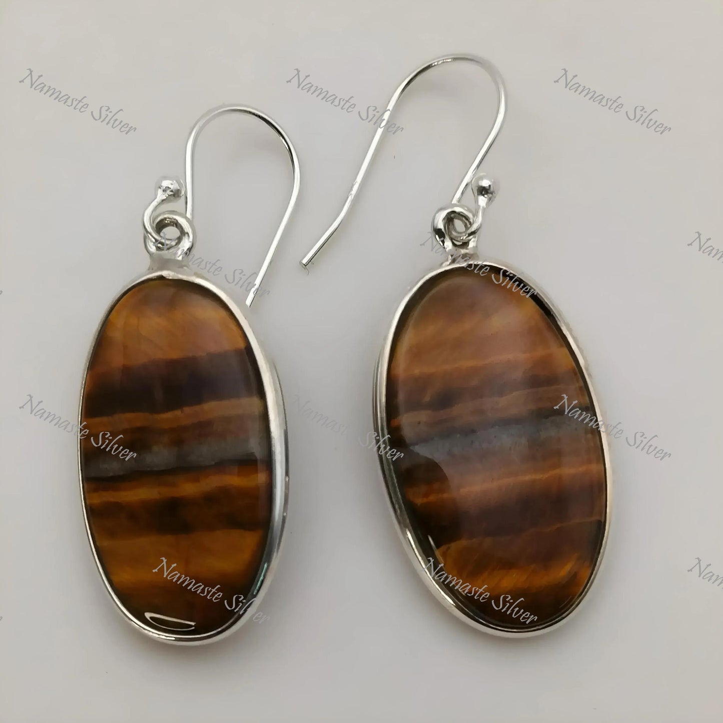 Tiger Eye Earrings, 925 Sterling Silver Dangle Earrings, Natural Tiger's Eye Oval Gemstone Handmade Jewelry, June Birthstone, Gift for her