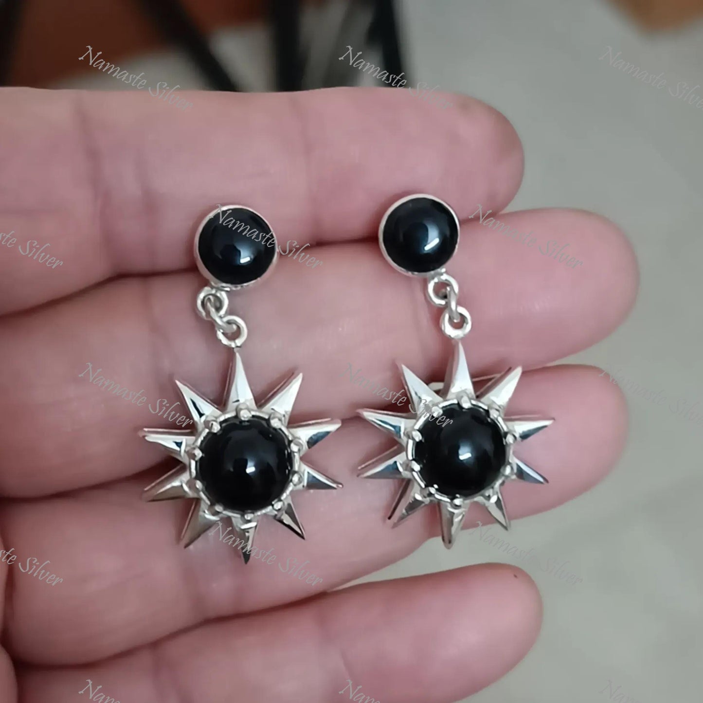 Black Onyx Earrings, 925 Sterling Silver Dangle Earrings, Natural Black Round Gemstone Handmade Boho Jewelry, July Birthstone, Gift for her