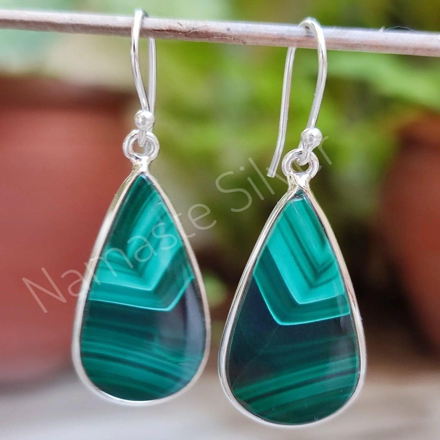 Malachite Earrings, 925 Sterling Silver Dangle Earrings, Natural Malachite Tear Drop Long Earrings, Handmade Gemstone Jewelry, Gift for Her