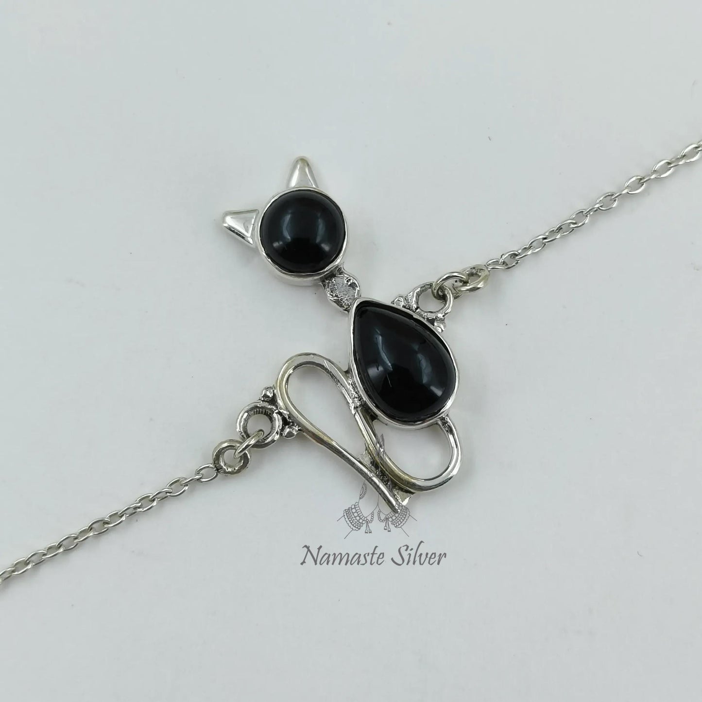 Black Onyx Cat Bracelet, 925 Sterling Silver Kitty Handmade Jewelry, Natural Black Onyx Dual Gemstone, Elegant Gift For Her, July Birthstone