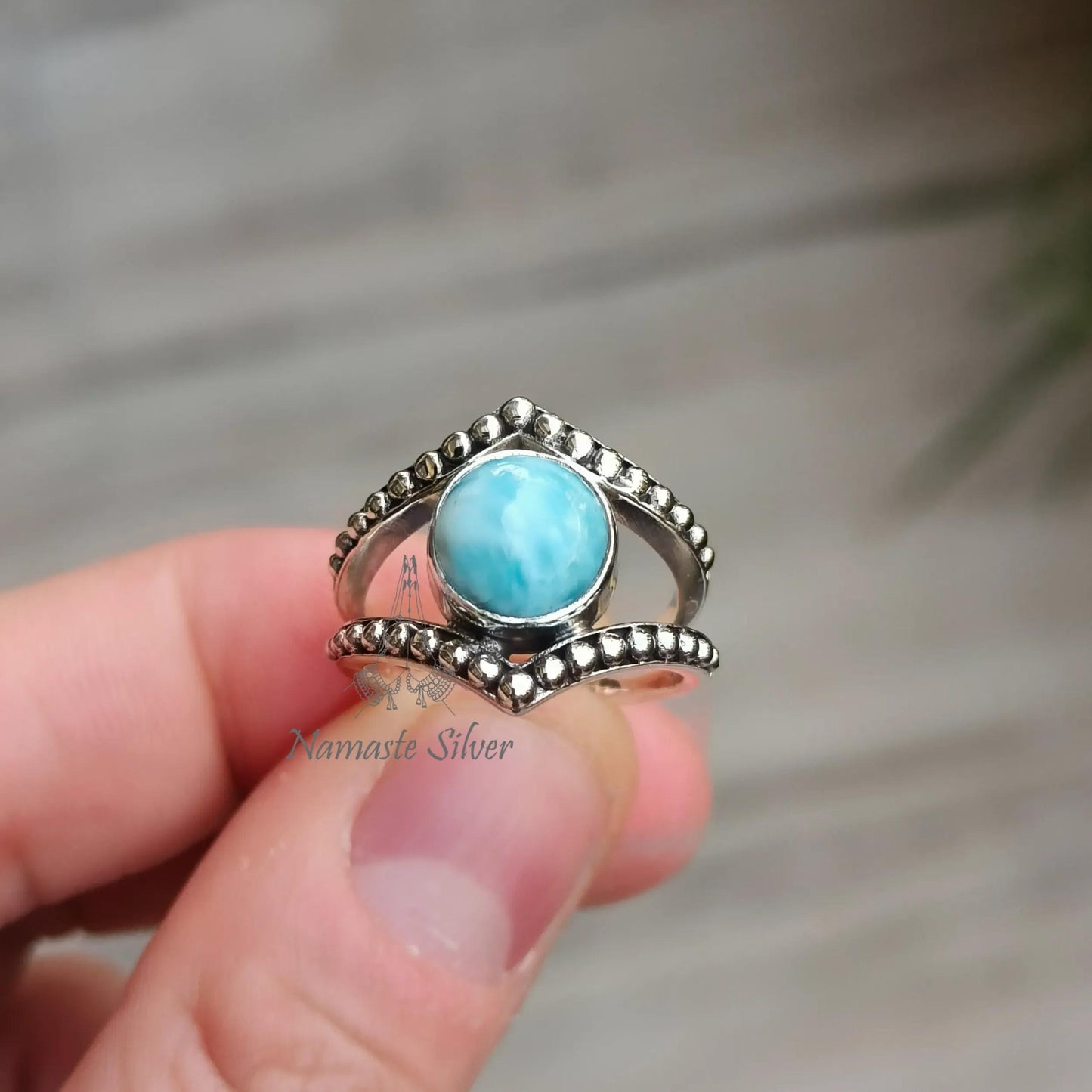 Larimar Ring, 925 Sterling Silver Statement Promise Ring, Natural Larimar Round Gemstone Handmade Jewelry, Gift for Her, February Birthstone