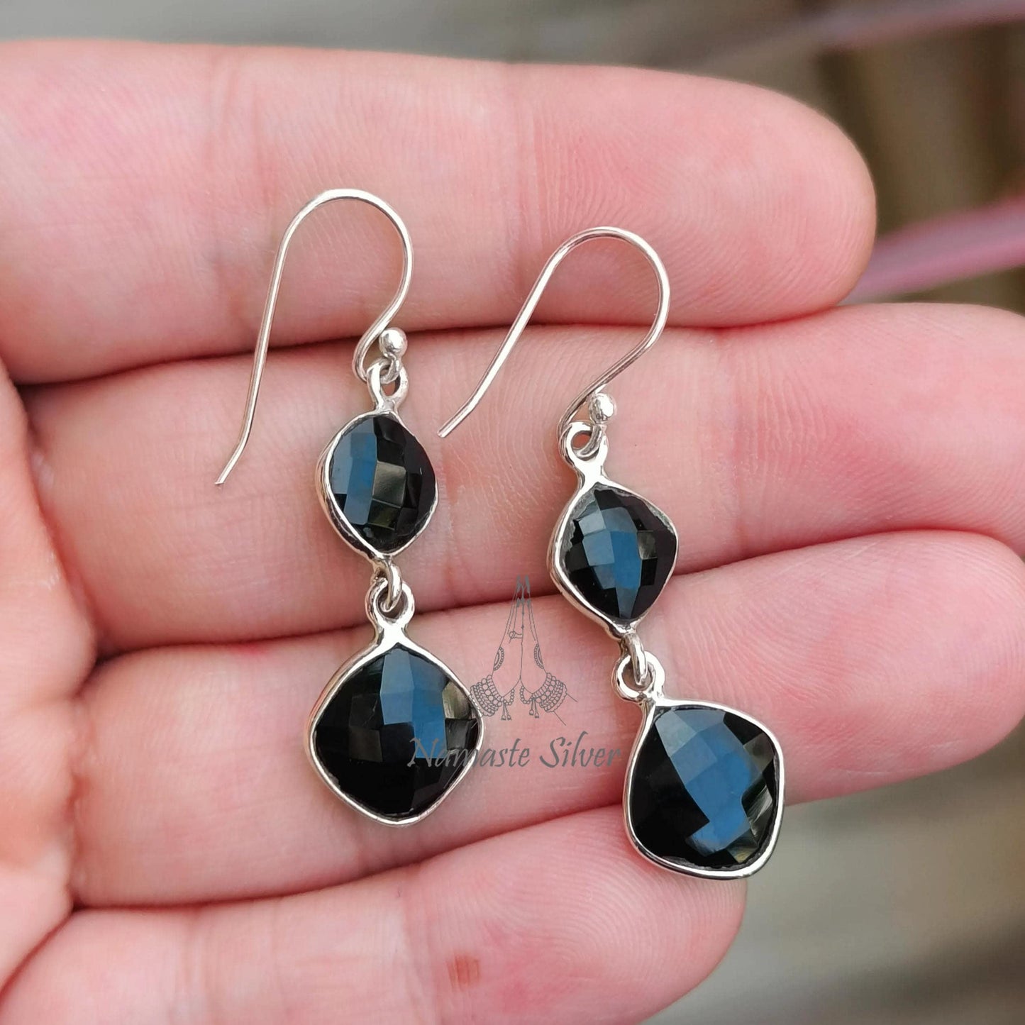 Black Spinel Earrings, 925 Sterling Silver Dangle Drop Earrings, Natural Spinel Cushion Briolette Gemstone Handmade Jewelry, Gift for Her